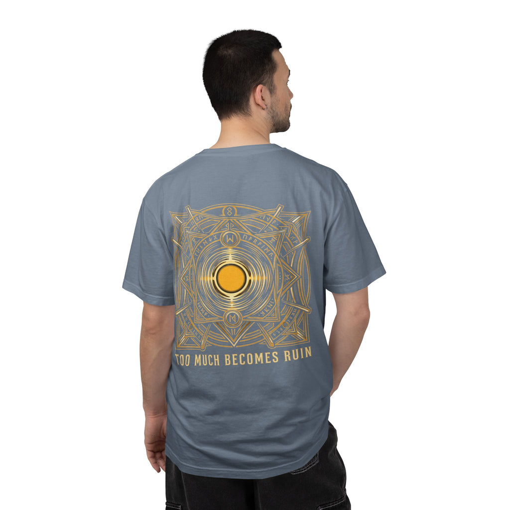 Power Runs Black PRB — Veyra Kain Geometric Sigil Tee with “Too Much Becomes Ruin” Graphic T-Shirt by Printify