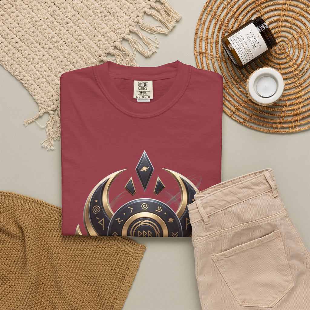 Power Runs Black Mystic Compass Disc T-Shirt — Geometric Gold & Black Emblem Tee by Printify