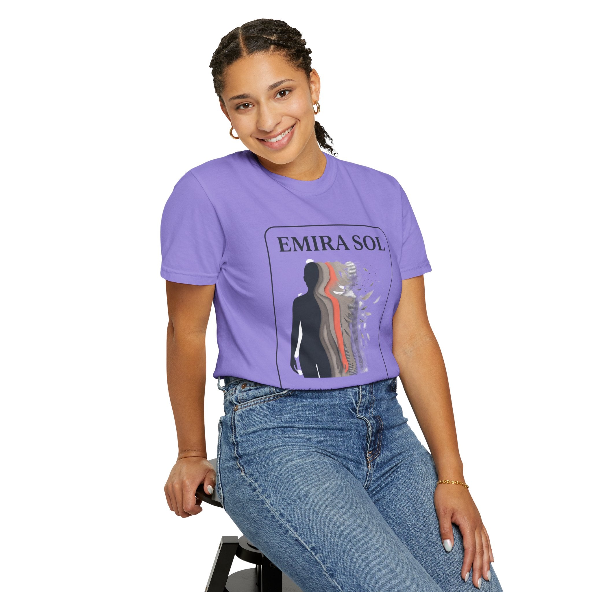 Power Runs Black PRB Emira Sol Graphic T-Shirt — Silhouette Art "Release Shadows" Tee by Printify