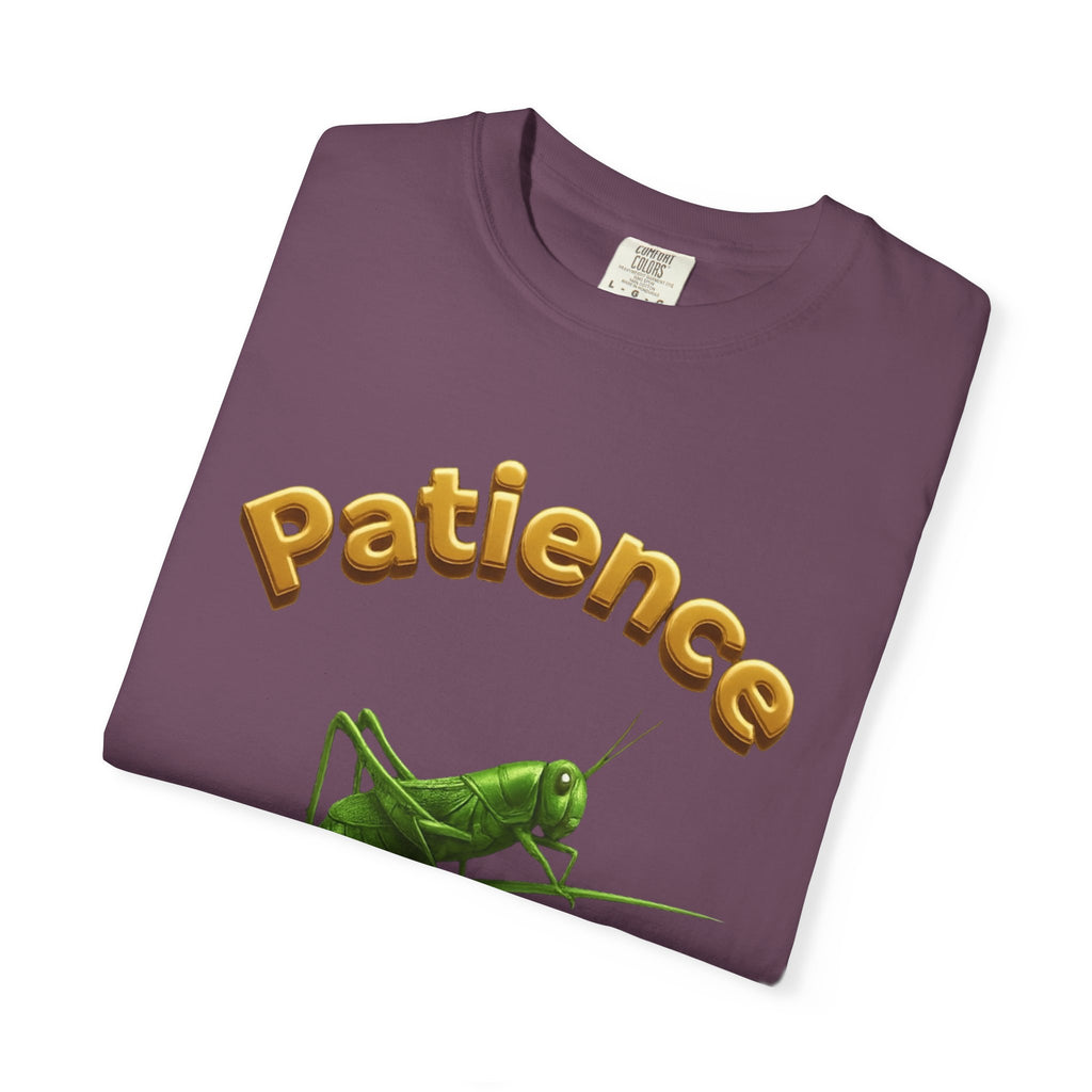 PRB Patience Grasshopper T-shirt | Green Grasshopper Illustration, Positive Quote by Power Runs Black