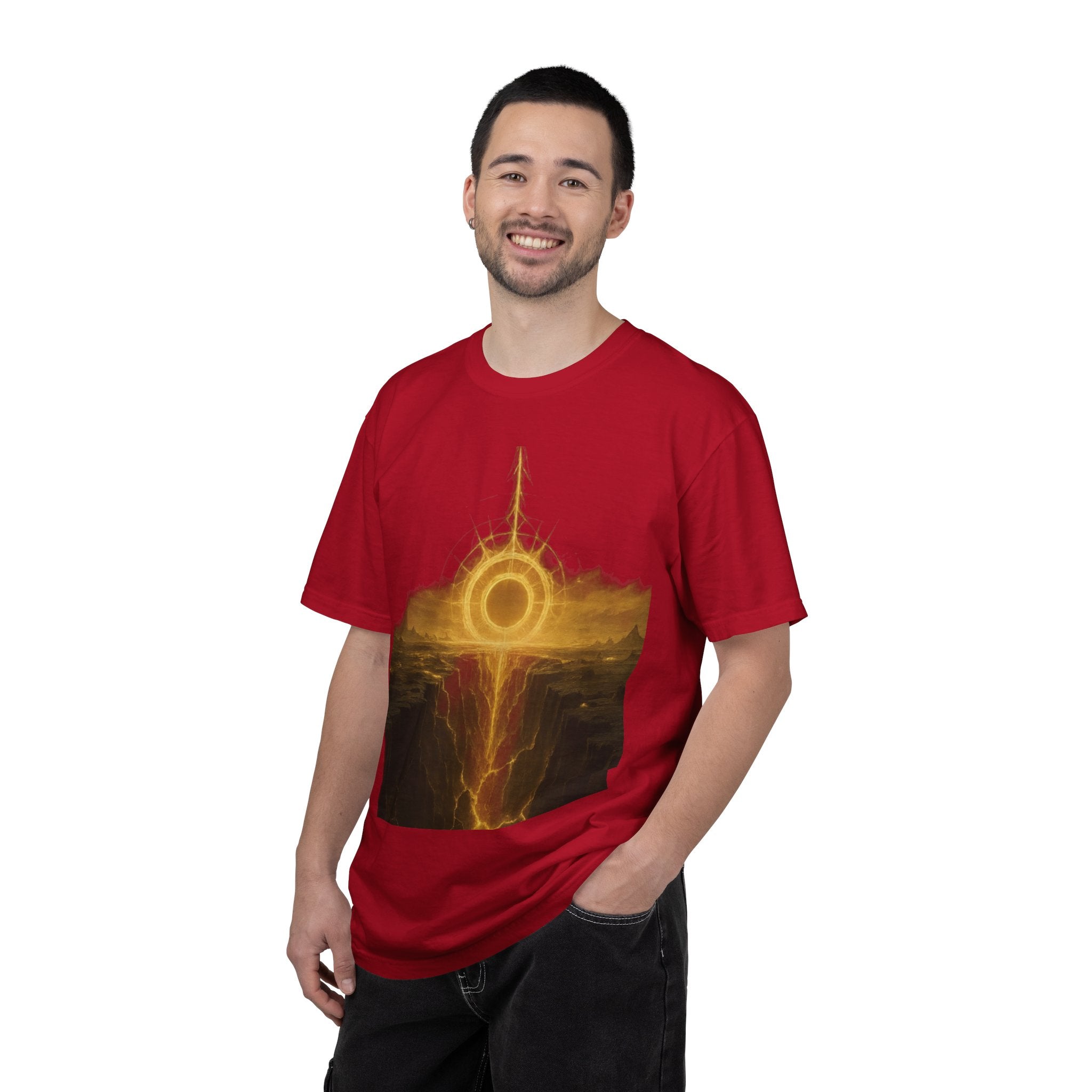 Power Runs Black PRB Golden Eclipse Portal T-shirt | Fantasy Landscape, Mystic Ring, Tower Art by Power Runs Black