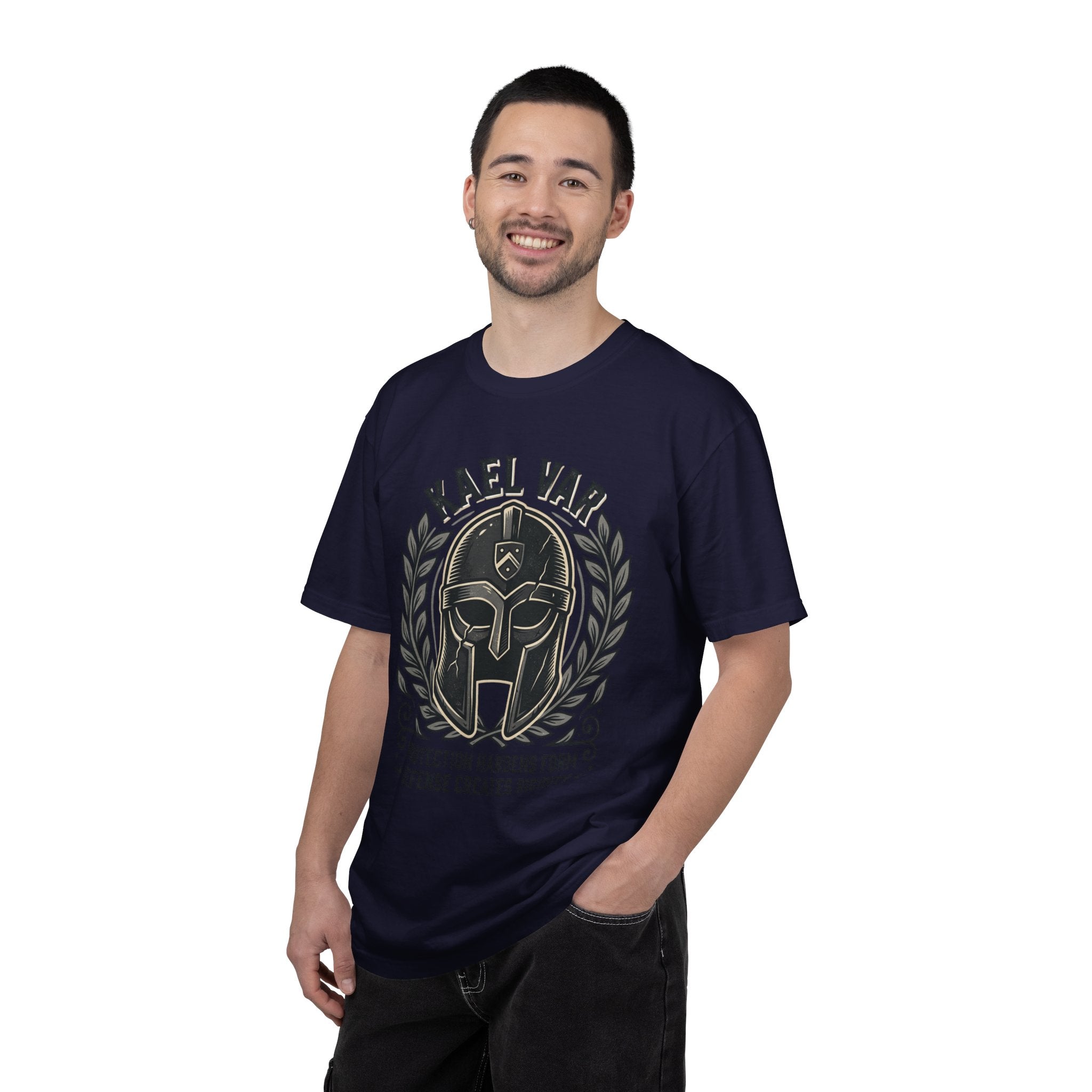 Power Runs Black PRB Kael Var Helmet Graphic T-Shirt — "Protection Hardens Form" Warrior Tee by Printify