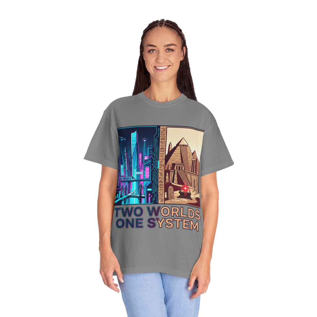 Power Runs Black PRB Blue Technopolis/ Red Dominion Two Worlds One System T-Shirt by Power Runs Black