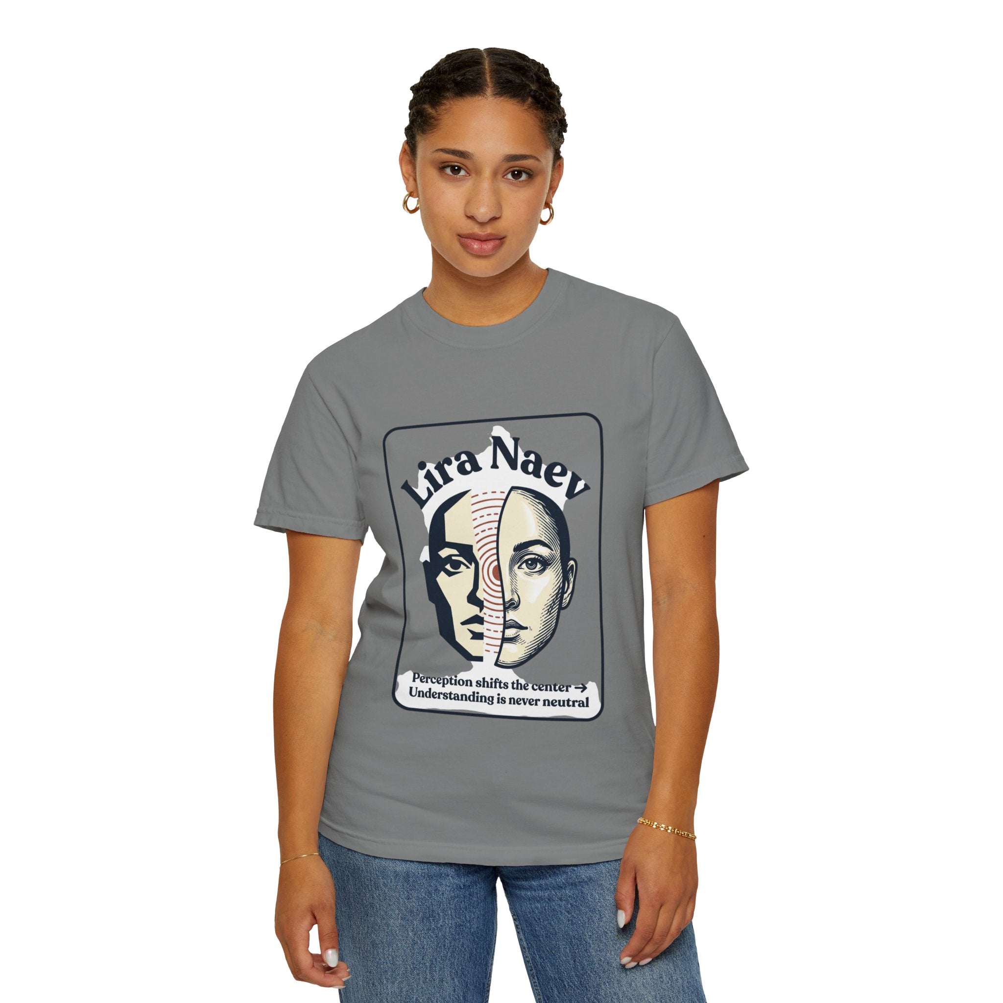 Power Runs Black PRB Lira Naev Split-Face Graphic T-Shirt — “Perception shifts the center” Statement Tee by Printify