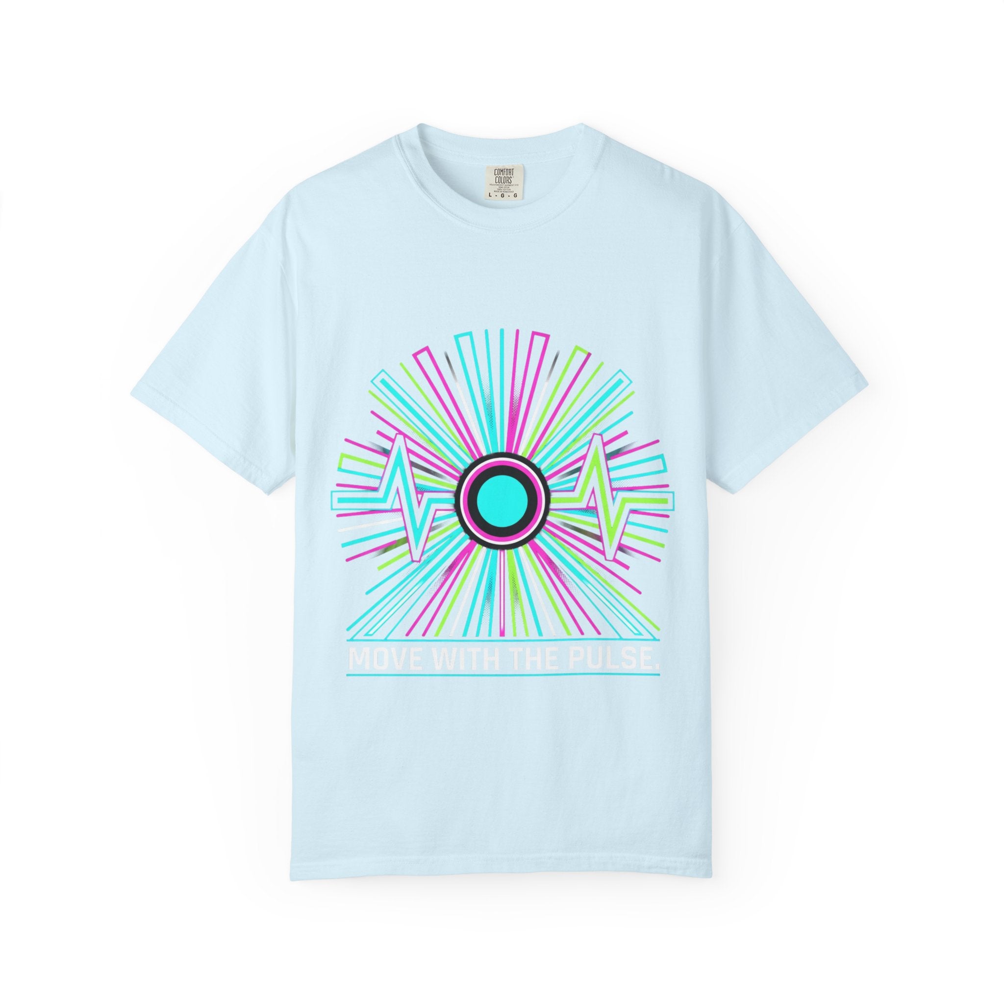 Power Runs Black PRB Electric "Move With Pulse" Graphic T-Shirt — Neon Sunburst Design by Printify