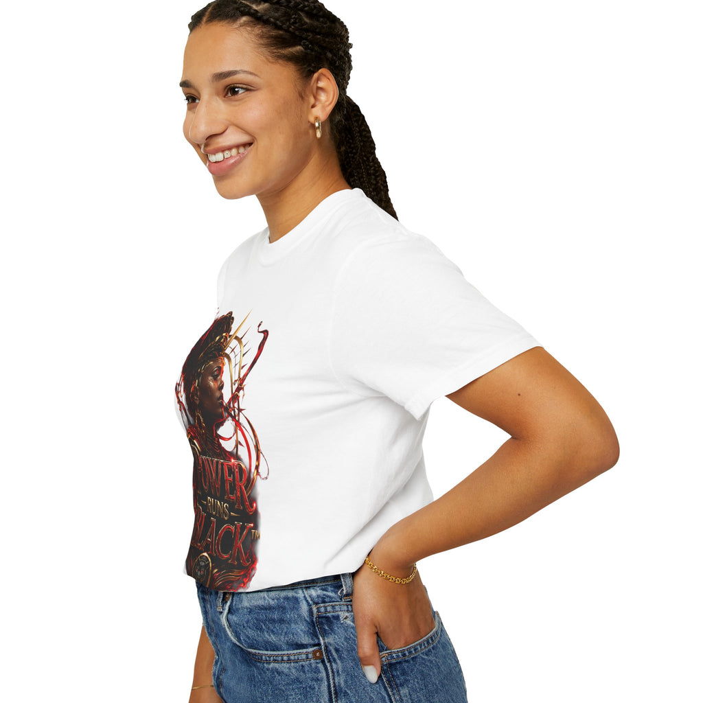 Power Runs Black T-Shirt — Afrocentric Crowned Goddess Graphic Tee by Printify