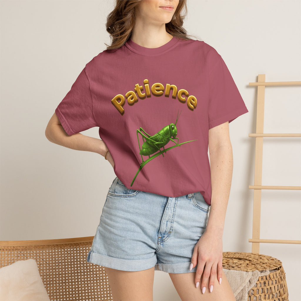 PRB Patience Grasshopper T-shirt | Green Grasshopper Illustration, Positive Quote by Power Runs Black
