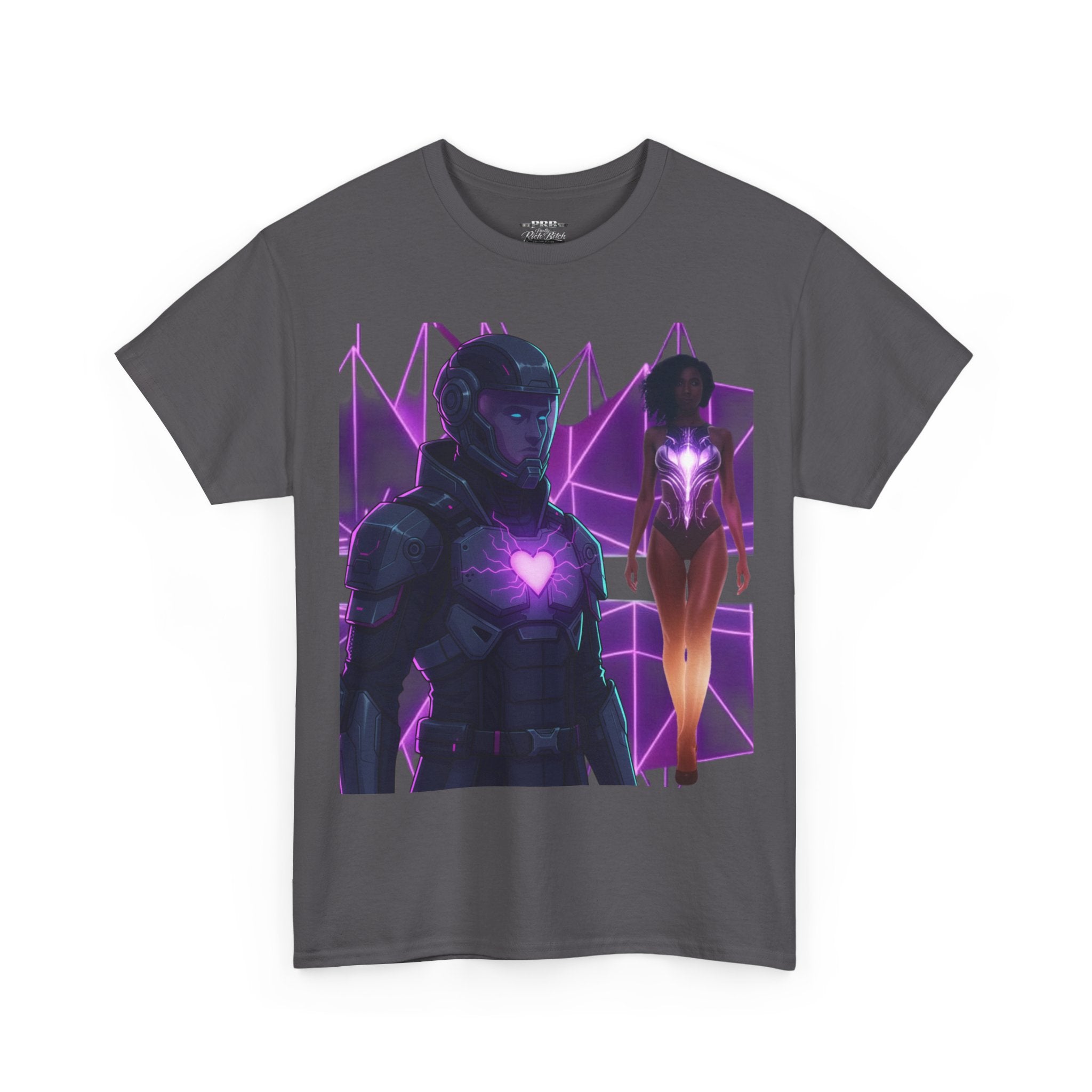 Power Run Black PRB Pretty Rich Bitch The Collection Purple Heart Cyberpunk Knight T-Shirt | Futuristic Armor Sci‑Fi Tee by Printify