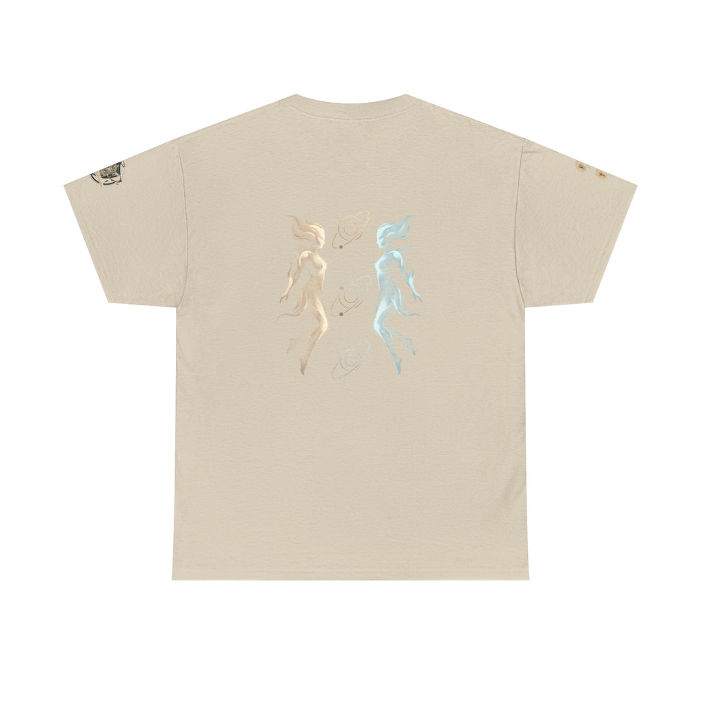 Power Runs Black Gemini Spirit Tee — Twin Sun & Moon Celestial Graphic T-Shirt by Printify