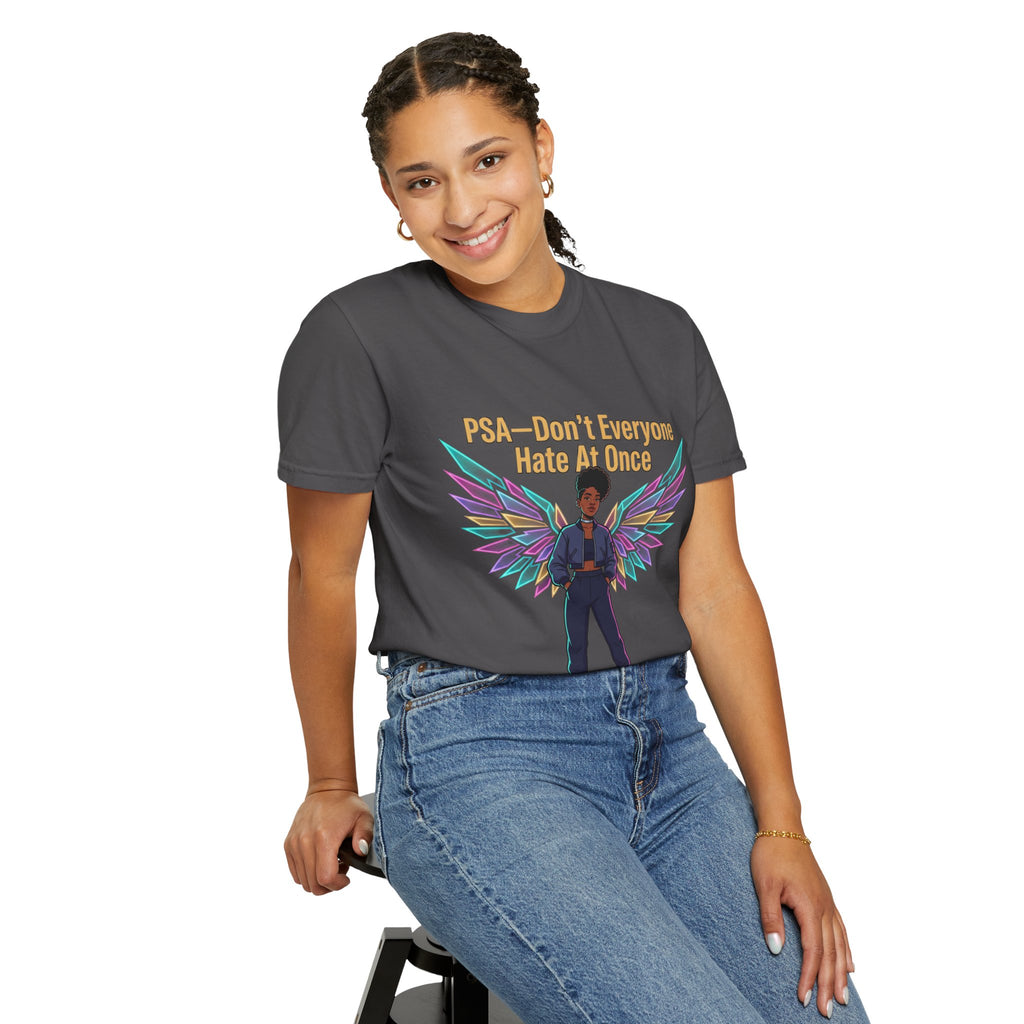 T-Shirt — PSA “Don't Everyone Hate At Once” Angel Wings Graphic Tee by Printify