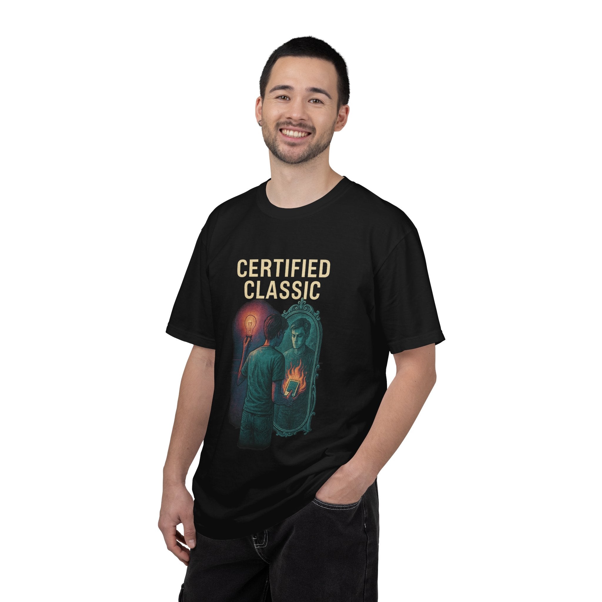 PRB Certified Classic Mirror Illustration T-shirt | Retro Mystic Artwork by Power Runs Black