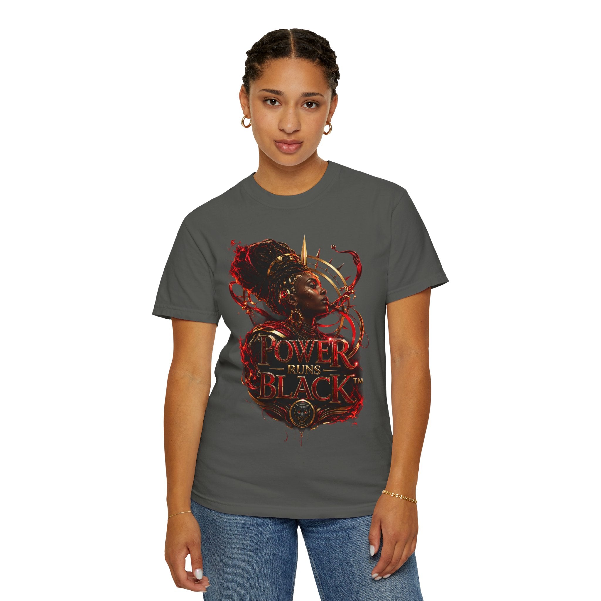 Power Runs Black T-Shirt — Afrocentric Crowned Goddess Graphic Tee by Printify
