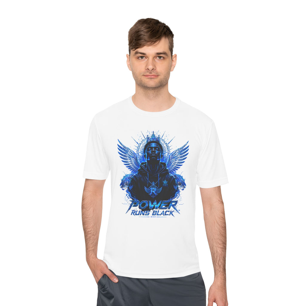 Power Runs Black graphic Tee | Blue angel wings, armored figure, bold script by Power Runs Black