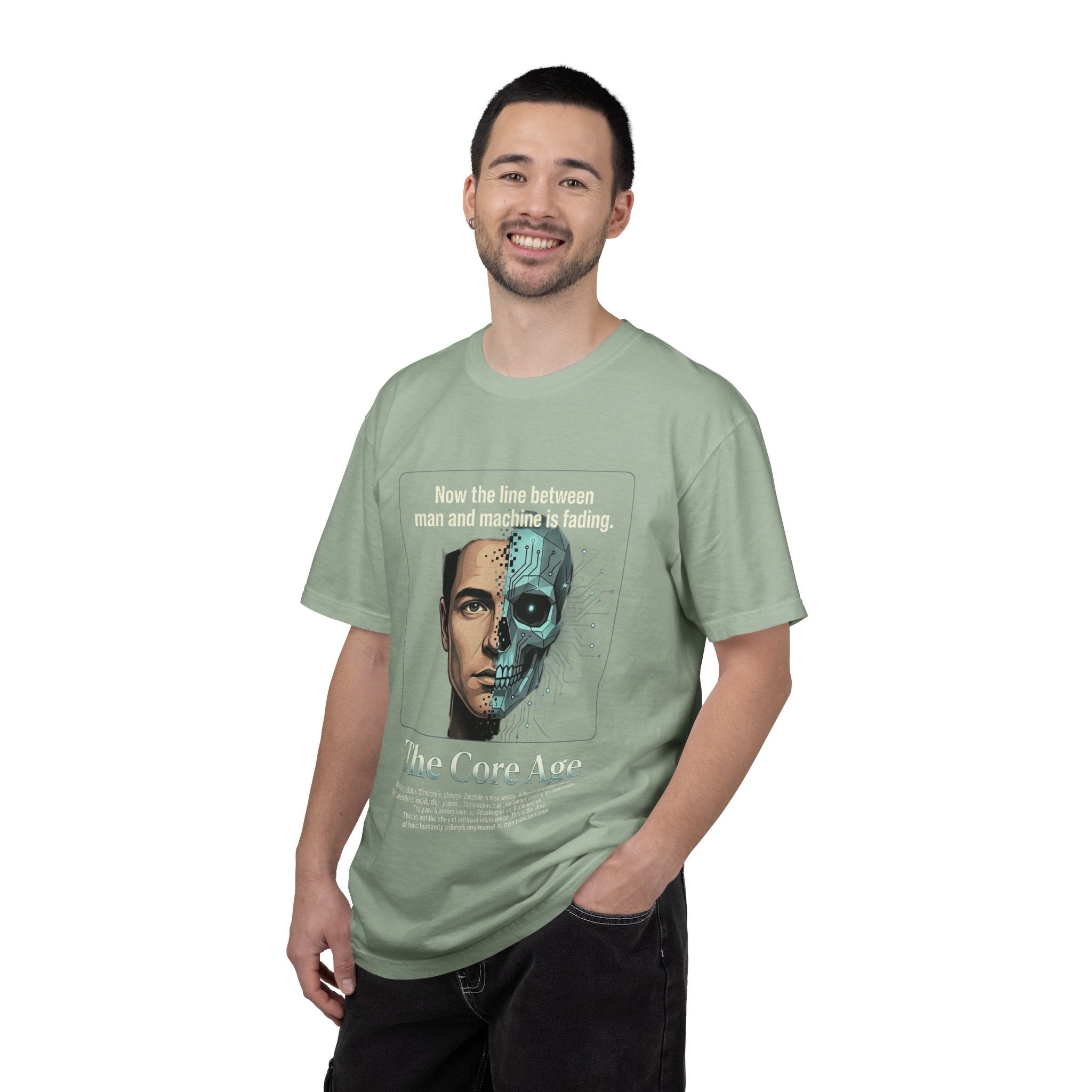 Power Runs Black AI Fusion Graphic T-Shirt — "The Core Age" Split Face Design by Power Runs Black