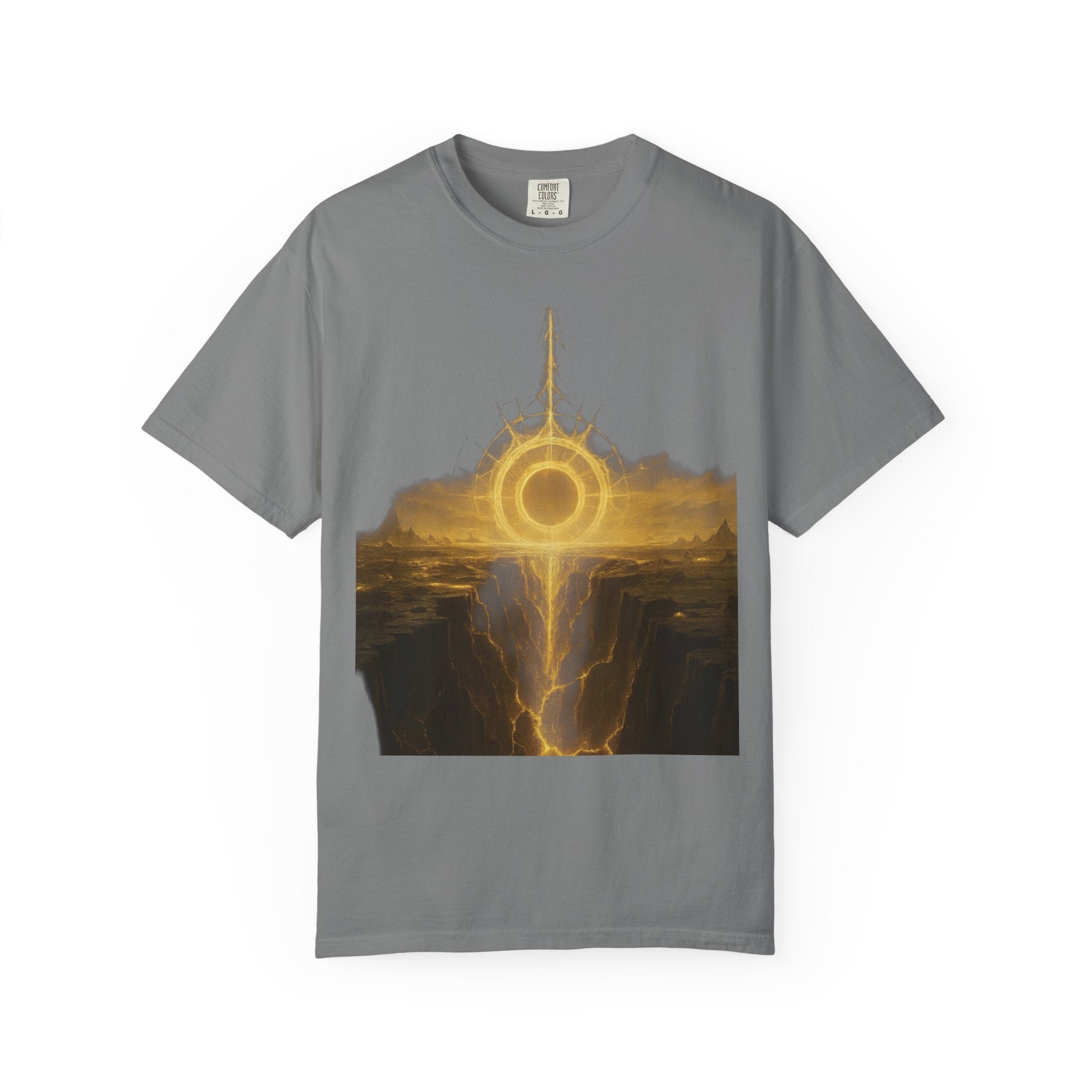 Power Runs Black PRB Golden Eclipse Portal T-shirt | Fantasy Landscape, Mystic Ring, Tower Art by Power Runs Black