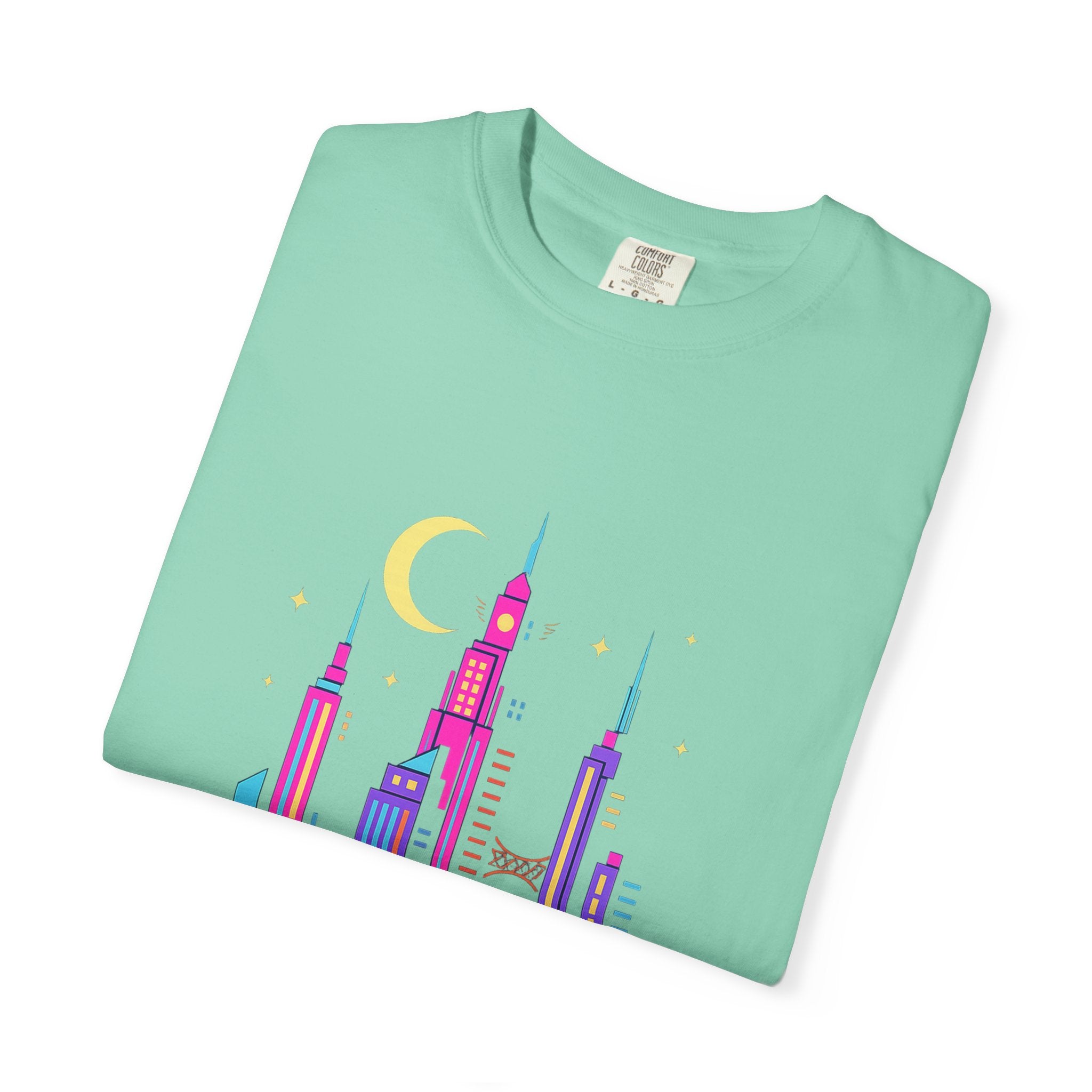 Power Runs Black PRB Neon City Skyline T-shirt | Vibrant Urban Nightscape Tee by Printify