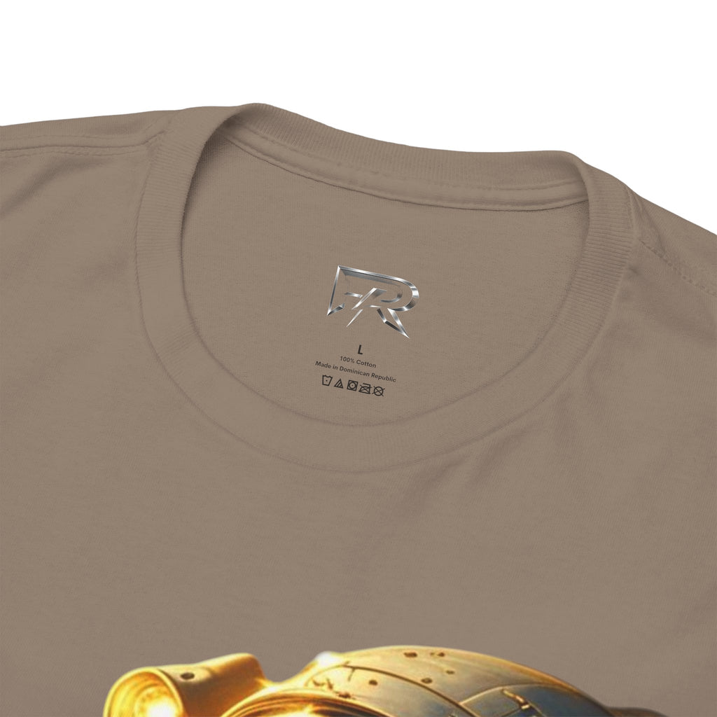 Power Runs Black PRB Golden Astronaut Portrait T-Shirt | Space Helmet Art, Cosmic Lights by Printify