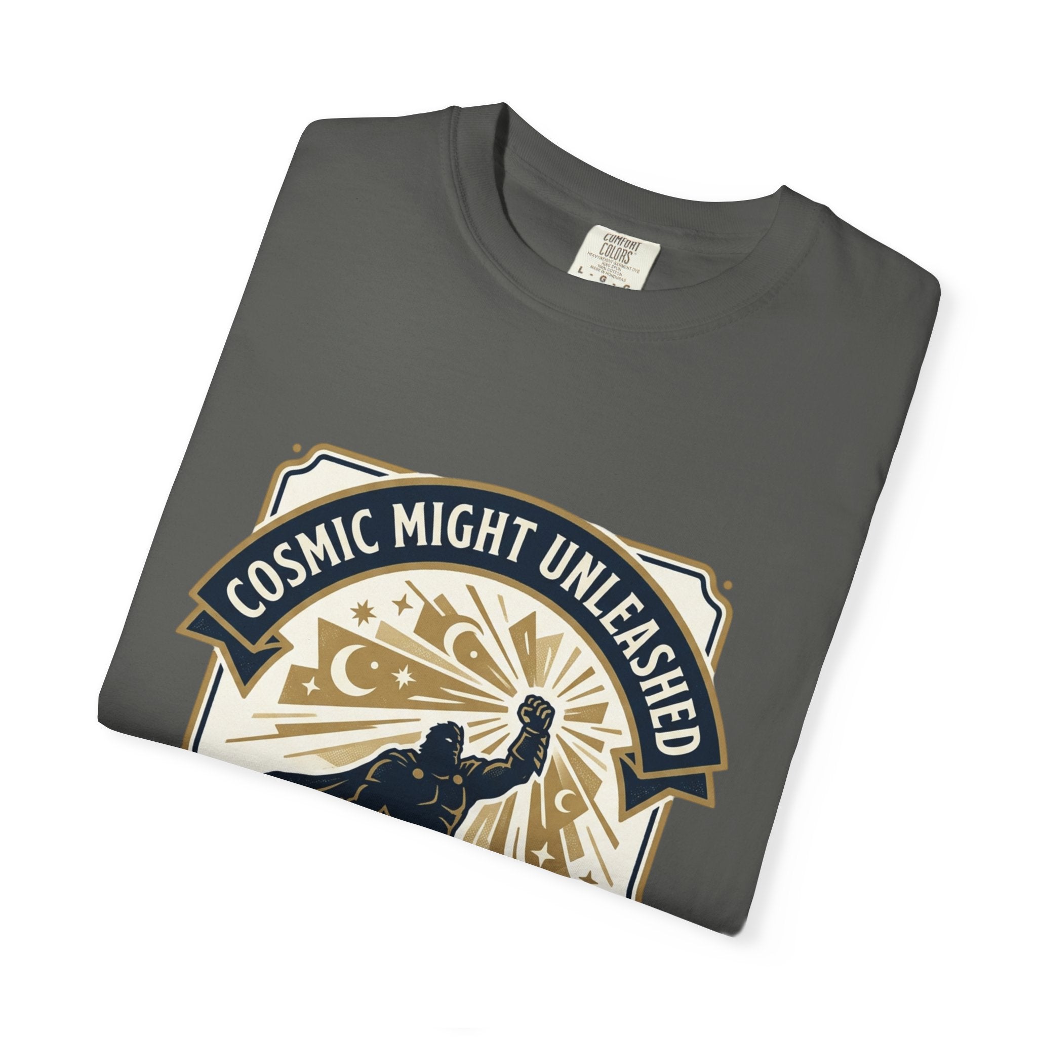 PRB Starforged Flex Cosmic Might Unleashed T-Shirt — Retro Superhero Space Graphic ('Power Does Not Rise, It Returns') by Power Runs Black