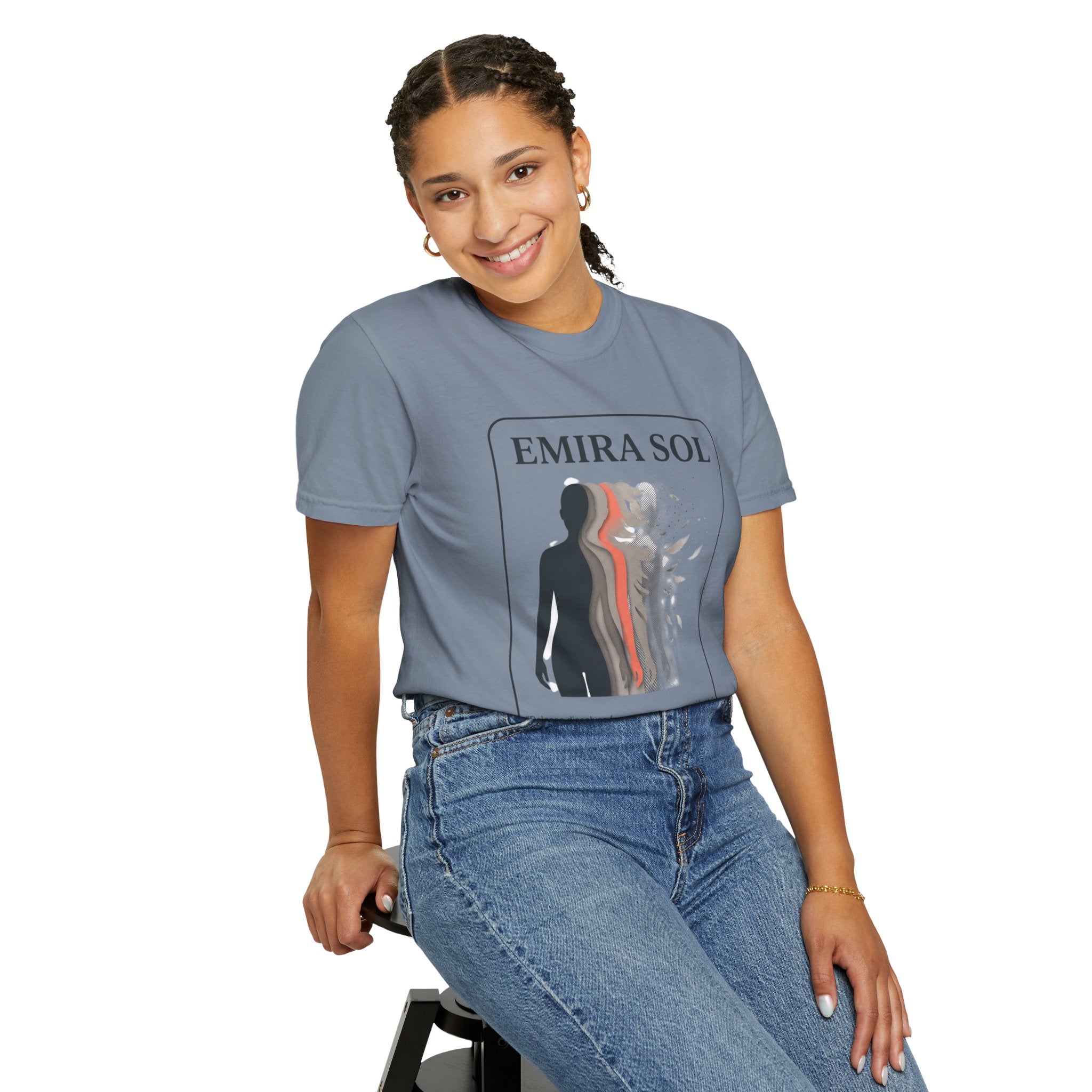 Power Runs Black PRB Emira Sol Graphic T-Shirt — Silhouette Art "Release Shadows" Tee by Printify