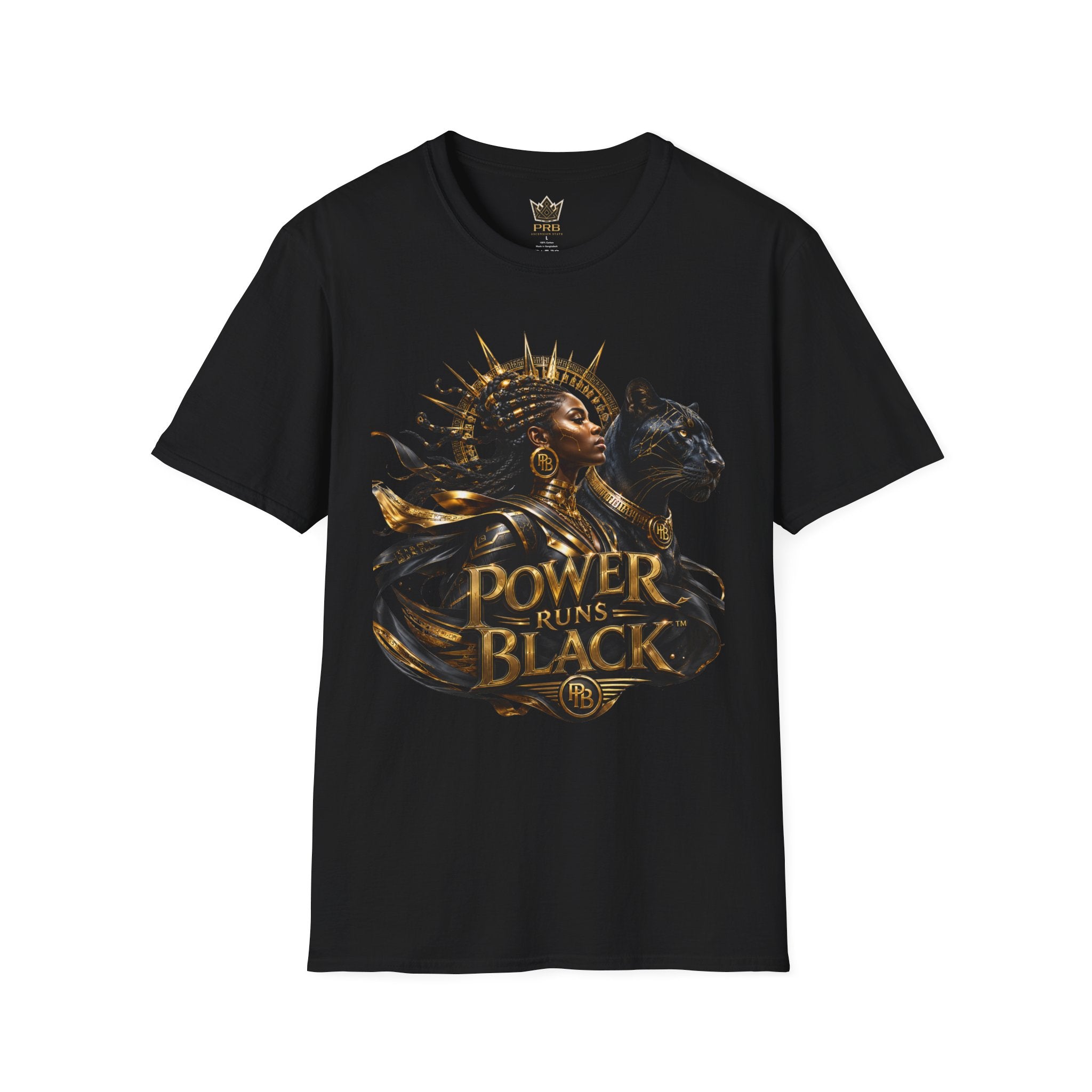 Power Runs Black PRB | Black Woman Portrait, Gold Accents Panther Graphics T by Power Runs Black