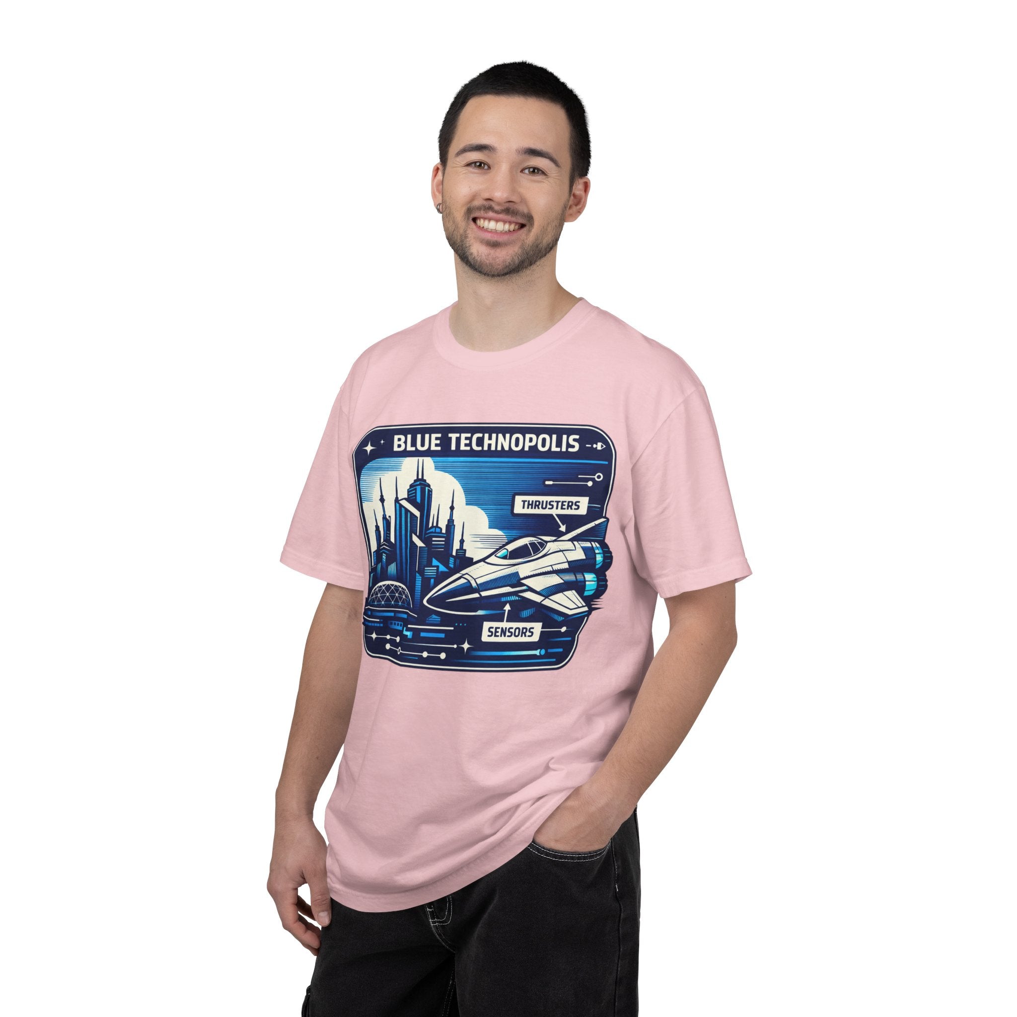 Power Runs Black PRB Technopolis Spacecraft T-Shirt — Blue Technopolis Retro Sci‑Fi Tee by Printify