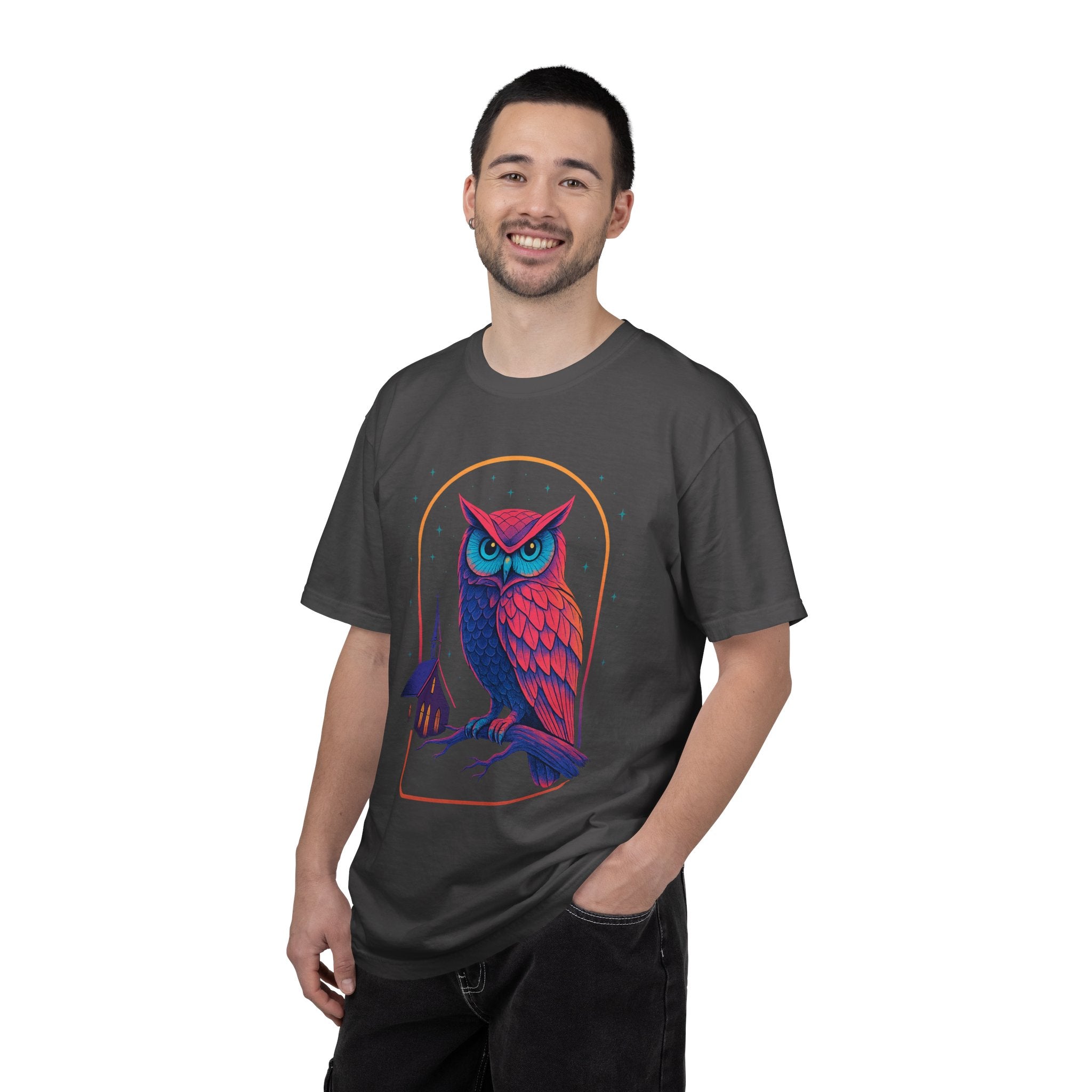 PRB Neon Owl Illustration T-Shirt | Night Church Graphic Tee by Power Runs Black