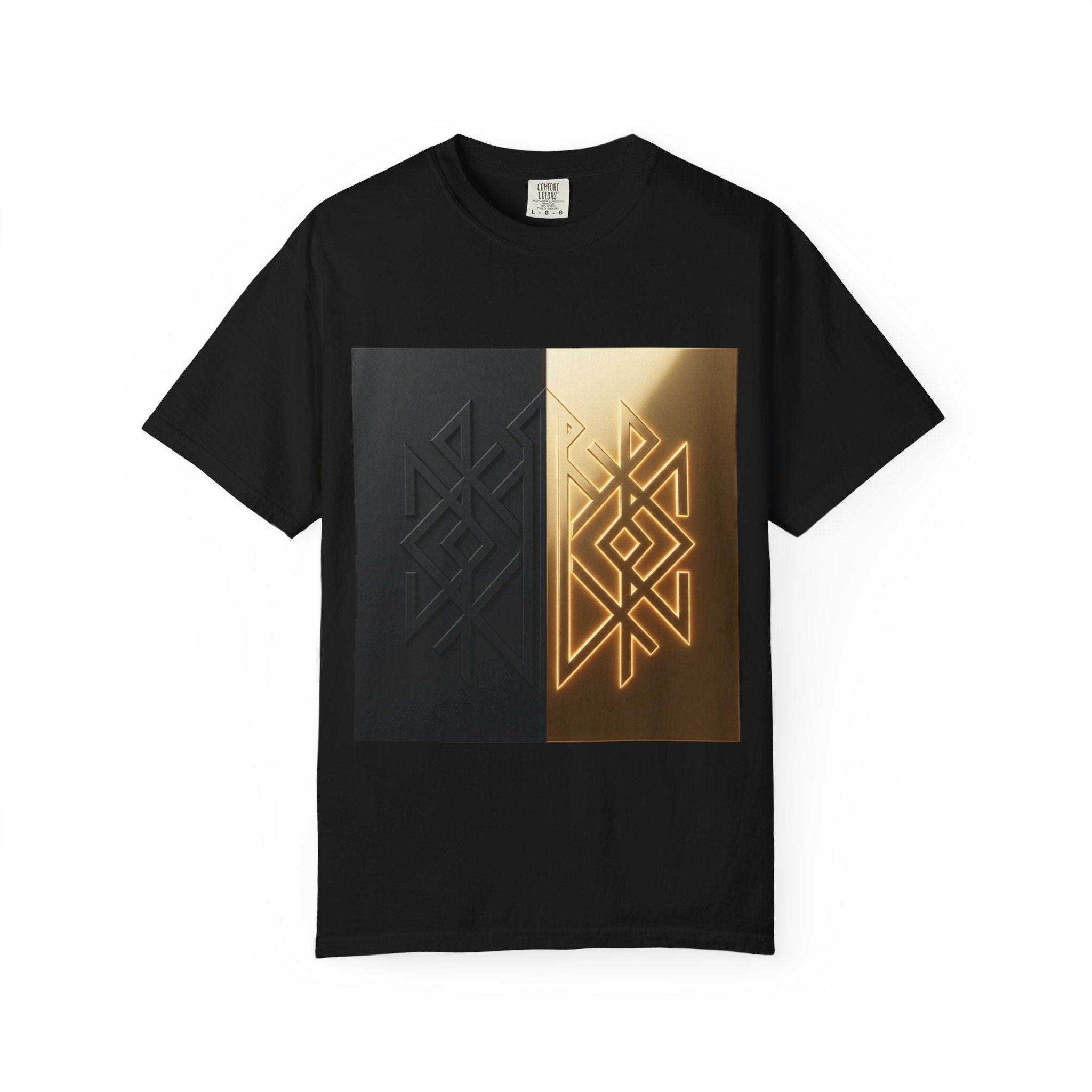 Power Runs Black PRB Geometric Split Glow T-Shirt — Black & Gold Tribal Diamond Graphic by Power Runs Black