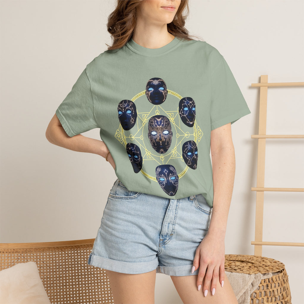 PRB Tribal Mask Circle Graphic Tee, Spiritual Afrocentric Art by Printify