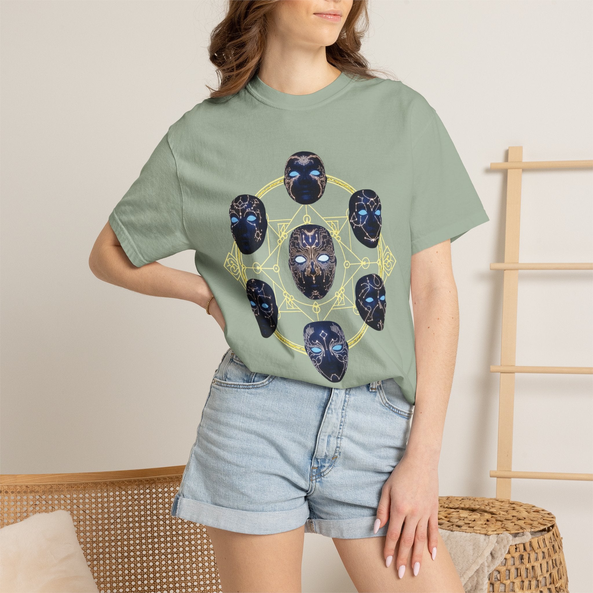 PRB Tribal Mask Circle Graphic Tee, Spiritual Afrocentric Art by Printify