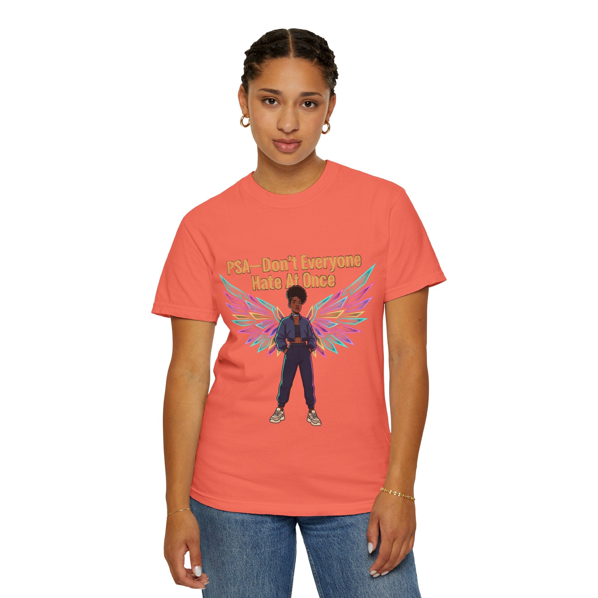 T-Shirt — PSA “Don't Everyone Hate At Once” Angel Wings Graphic Tee by Printify