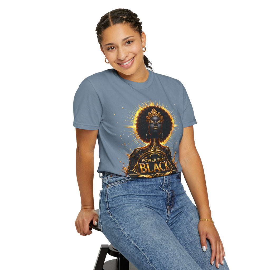 Power Runs Black goddess illustration T-Shirt | Afrocentric black pride design by Power Runs Black