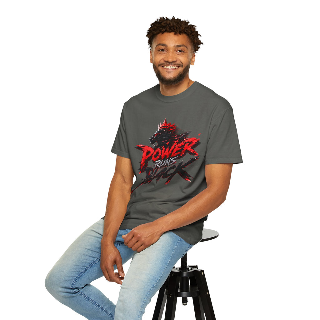 Power Runs Black T-shirt | Wolf Silhouette, Red Black Graphic Tee by Power Runs Black