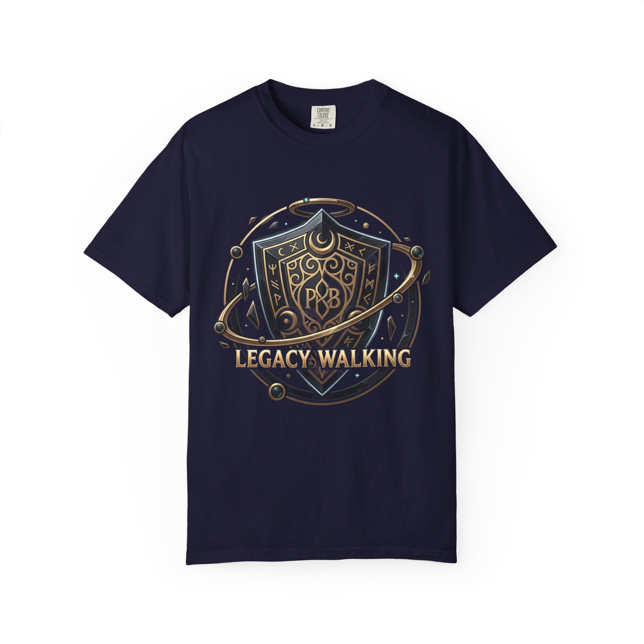 Legacy Walking Shield Graphic T-Shirt | Fantasy Crest Emblem Tee by Printify