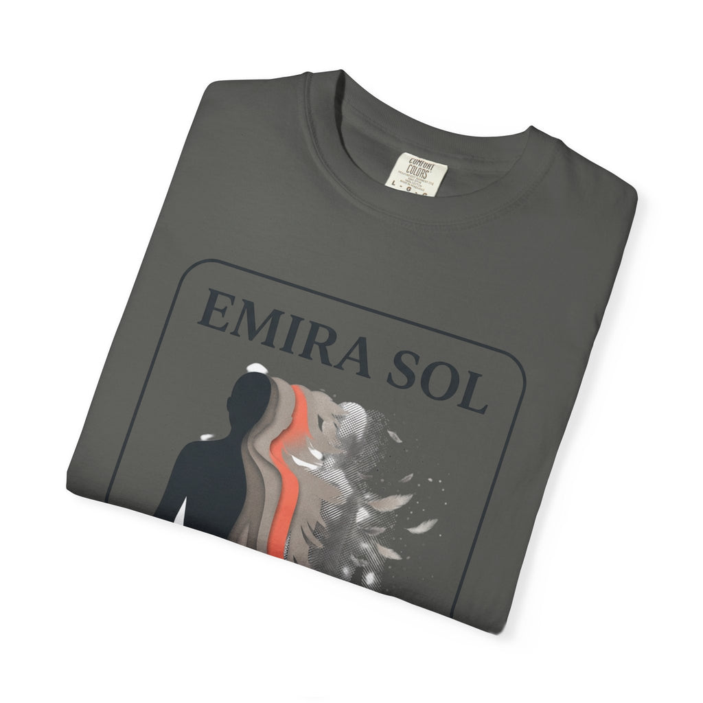 Power Runs Black PRB Emira Sol Graphic T-Shirt — Silhouette Art "Release Shadows" Tee by Printify