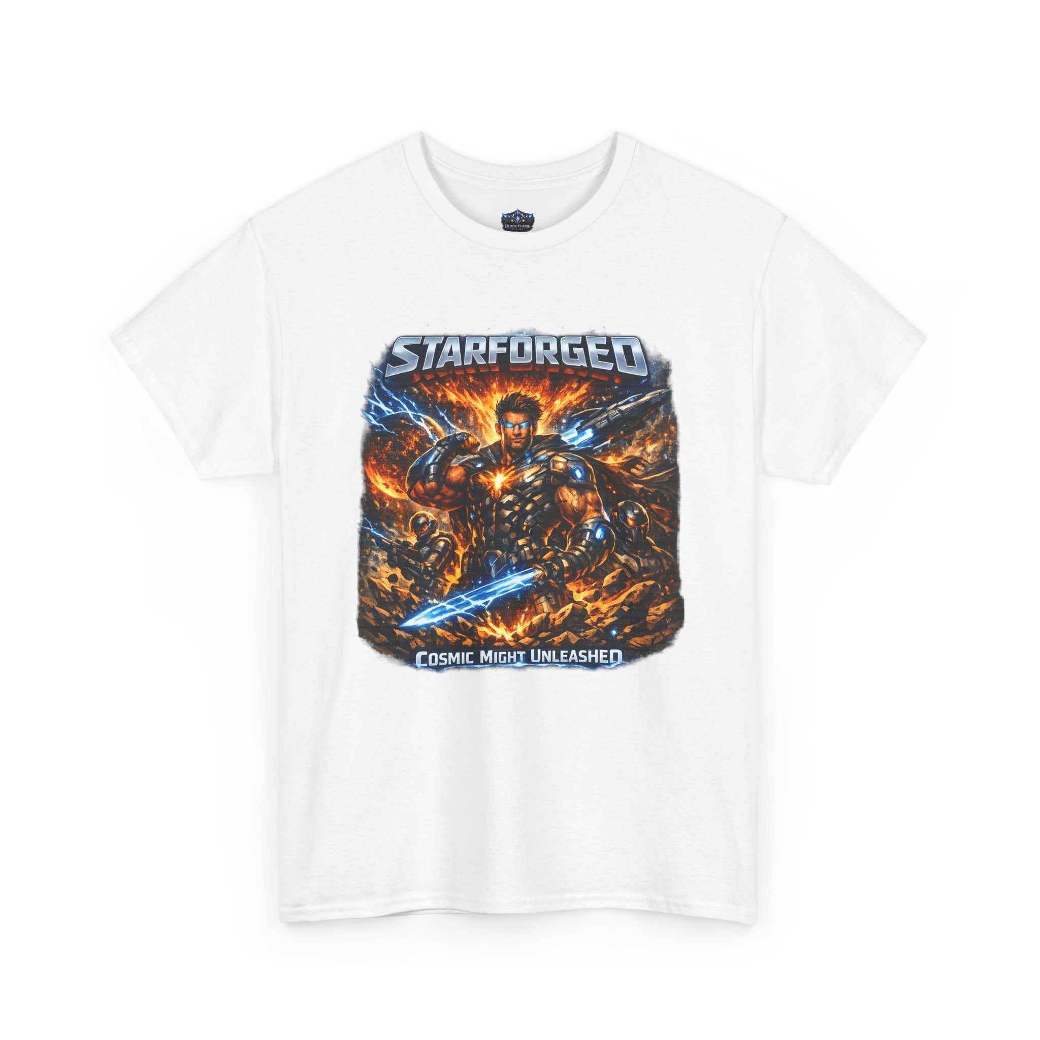 Starforged Flex : Cosmic Might Unleashed Illustration Graphic T by Power Runs Black