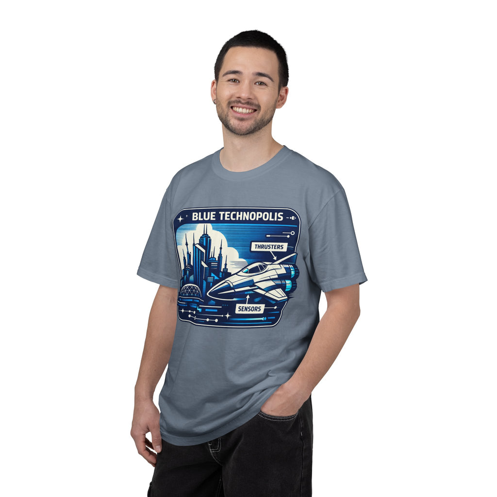 Power Runs Black PRB Technopolis Spacecraft T-Shirt — Blue Technopolis Retro Sci‑Fi Tee by Printify