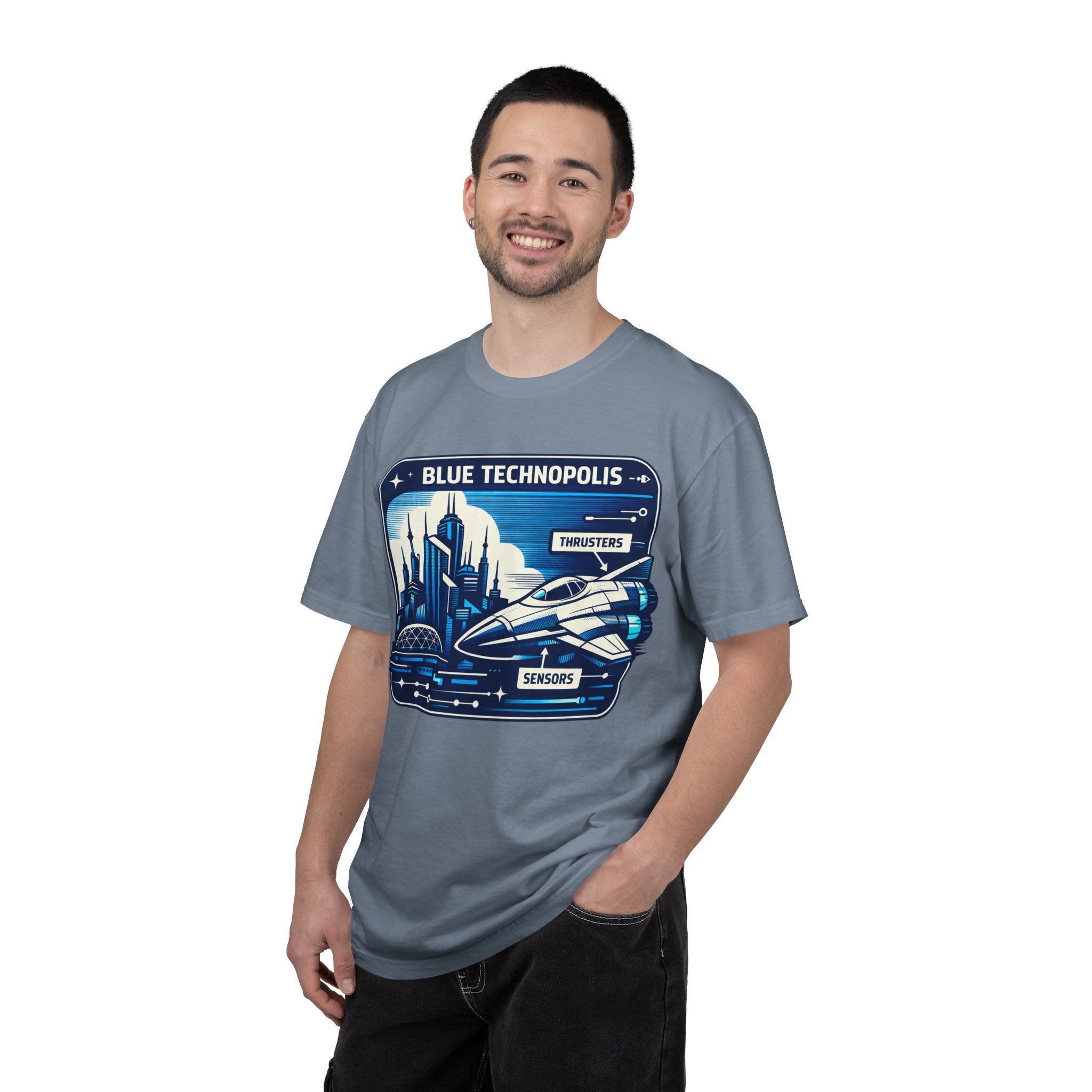 Power Runs Black PRB Technopolis Spacecraft T-Shirt — Blue Technopolis Retro Sci‑Fi Tee by Printify