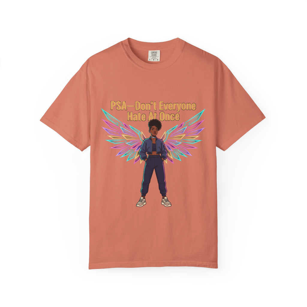 T-Shirt — PSA “Don't Everyone Hate At Once” Angel Wings Graphic Tee by Printify