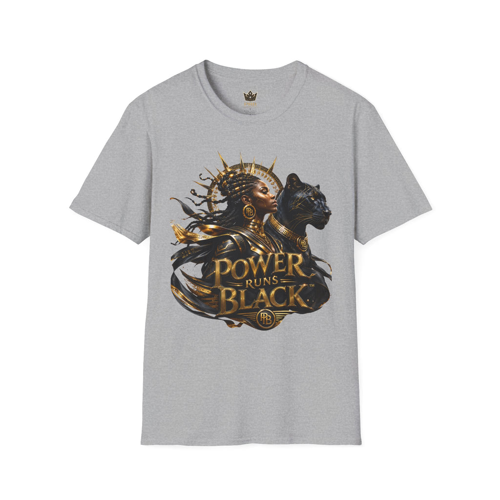 Power Runs Black PRB | Black Woman Portrait, Gold Accents Panther Graphics T by Power Runs Black