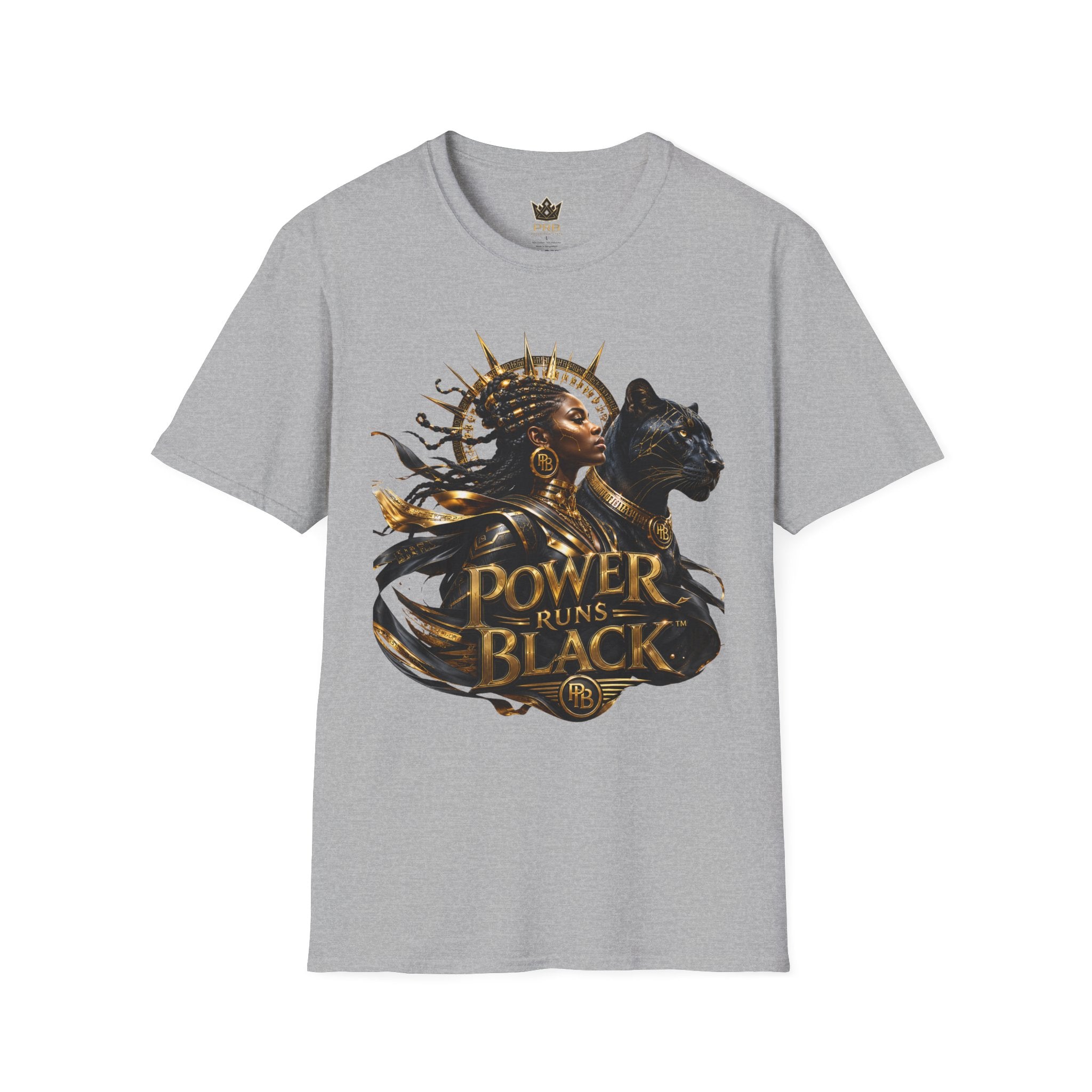 Power Runs Black PRB | Black Woman Portrait, Gold Accents Panther Graphics T by Power Runs Black