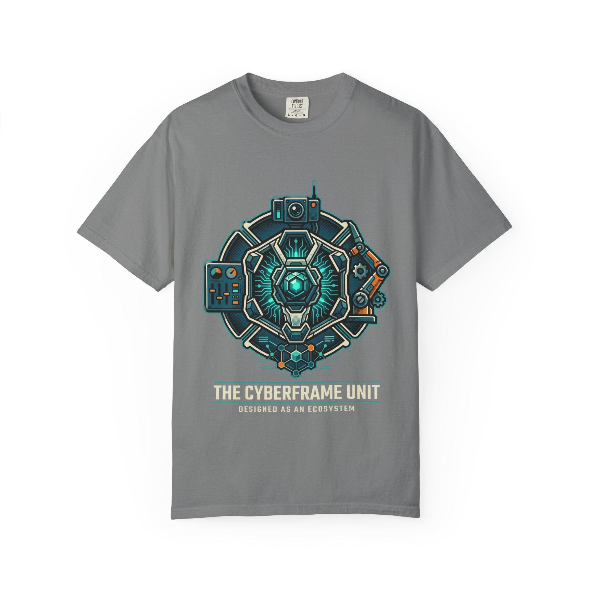 Power Runs Black Cyberframe Unit T-Shirt — Futuristic Tech Armor Graphic Tee by Power Runs Black