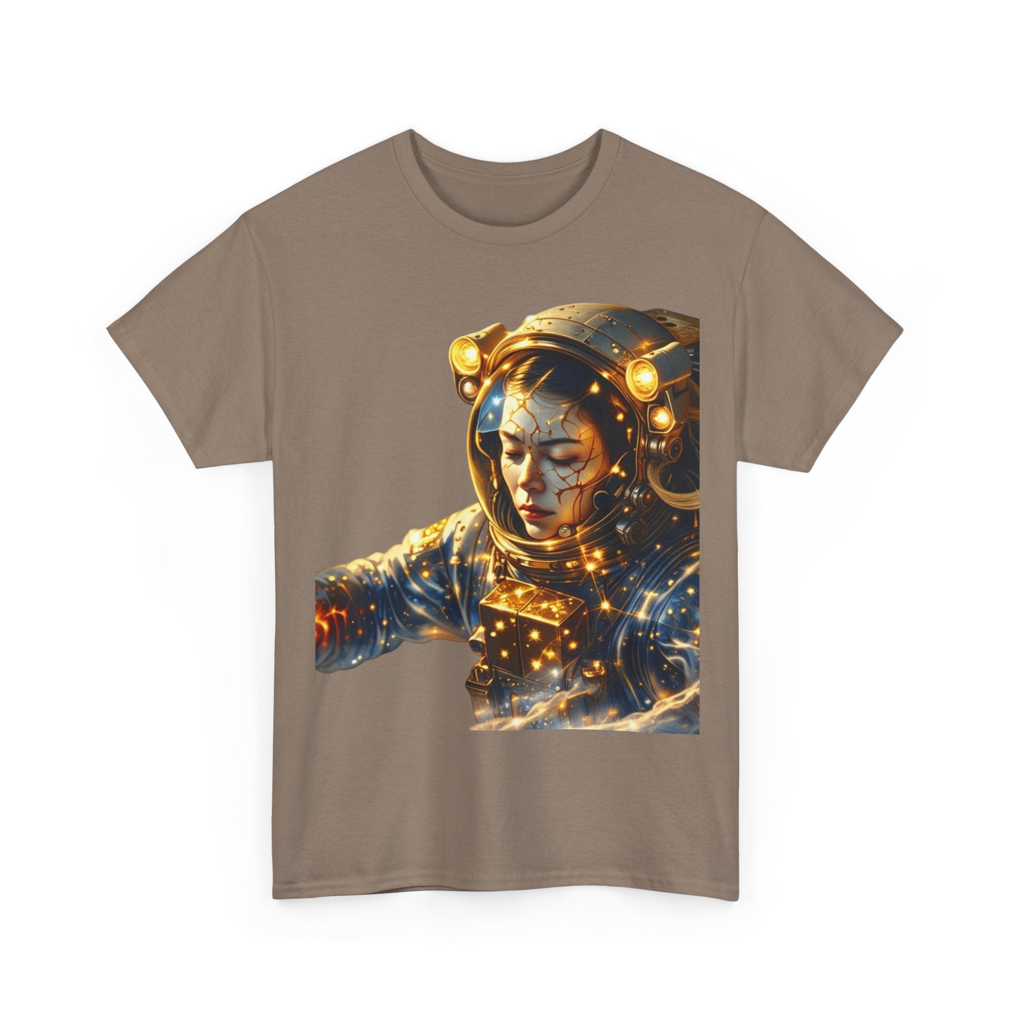 PRB Golden Astronaut Portrait T-Shirt | Space Helmet Art, Cosmic Lights by Power Runs Black