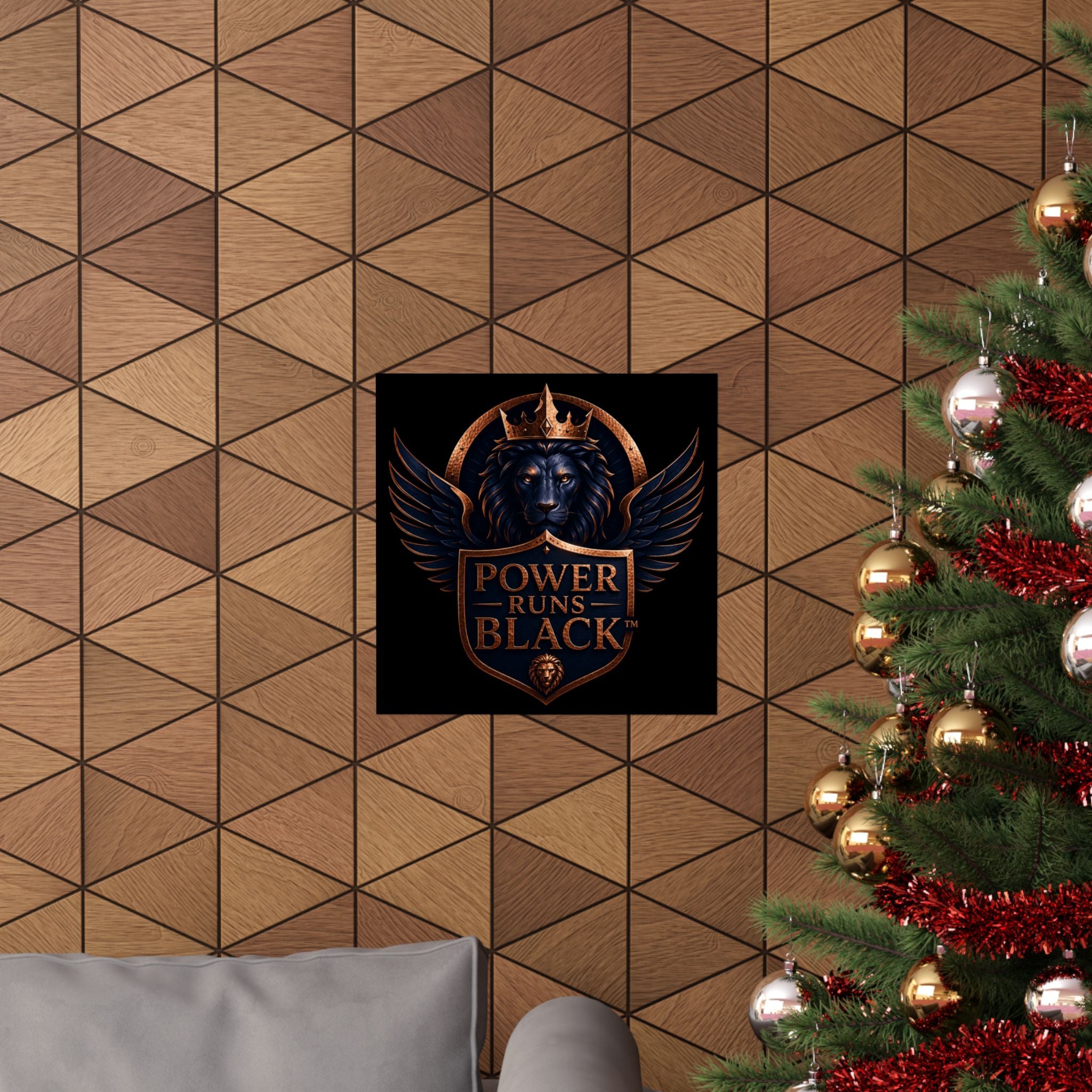 Power Runs Black Matte Poster — Regal Lion Crest Wall Art by Power Runs Black