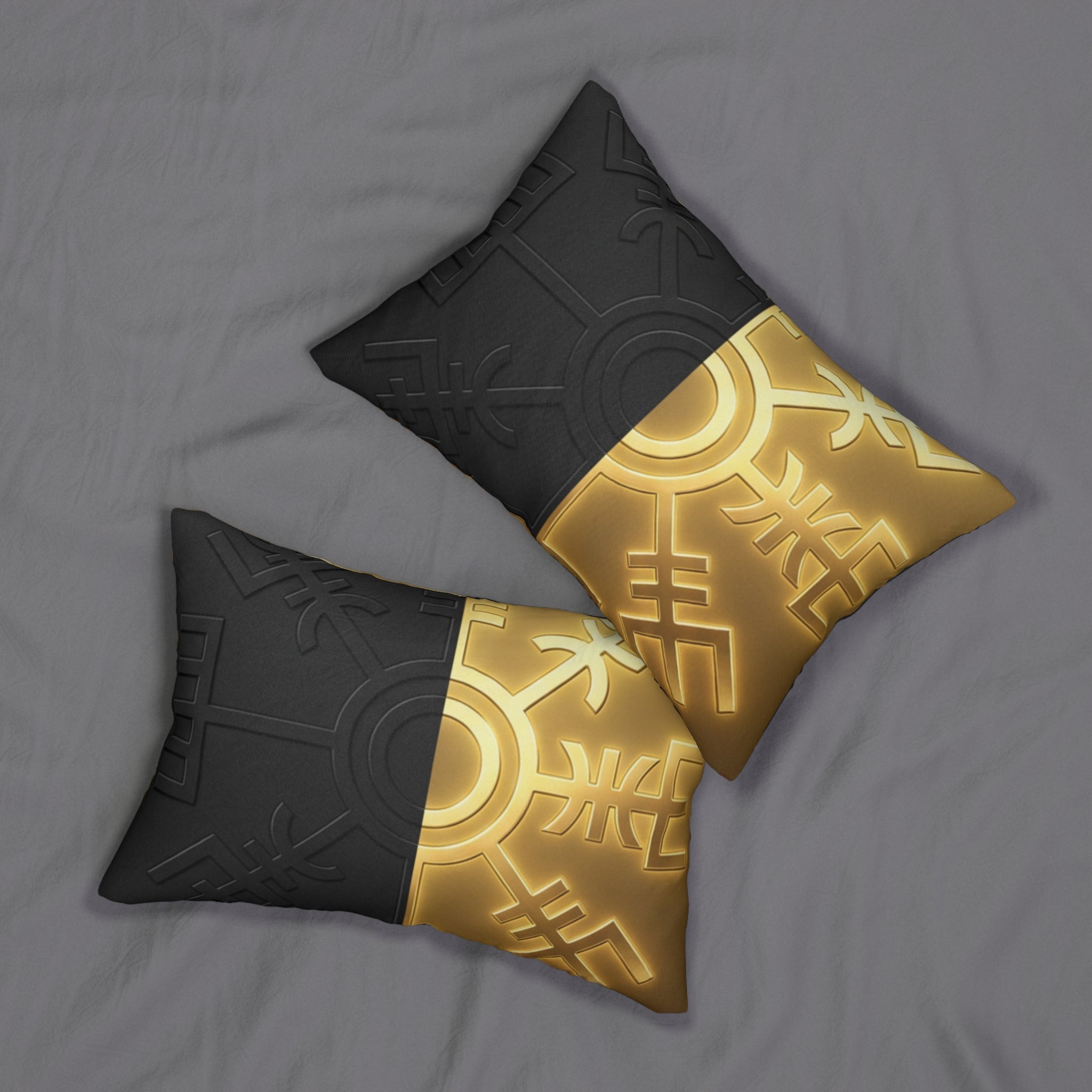 Power Runs Black PRB Nordic Rune Split Design Lumbar Pillow — Black & Gold Accent Decorative Cushion by Power Runs Black