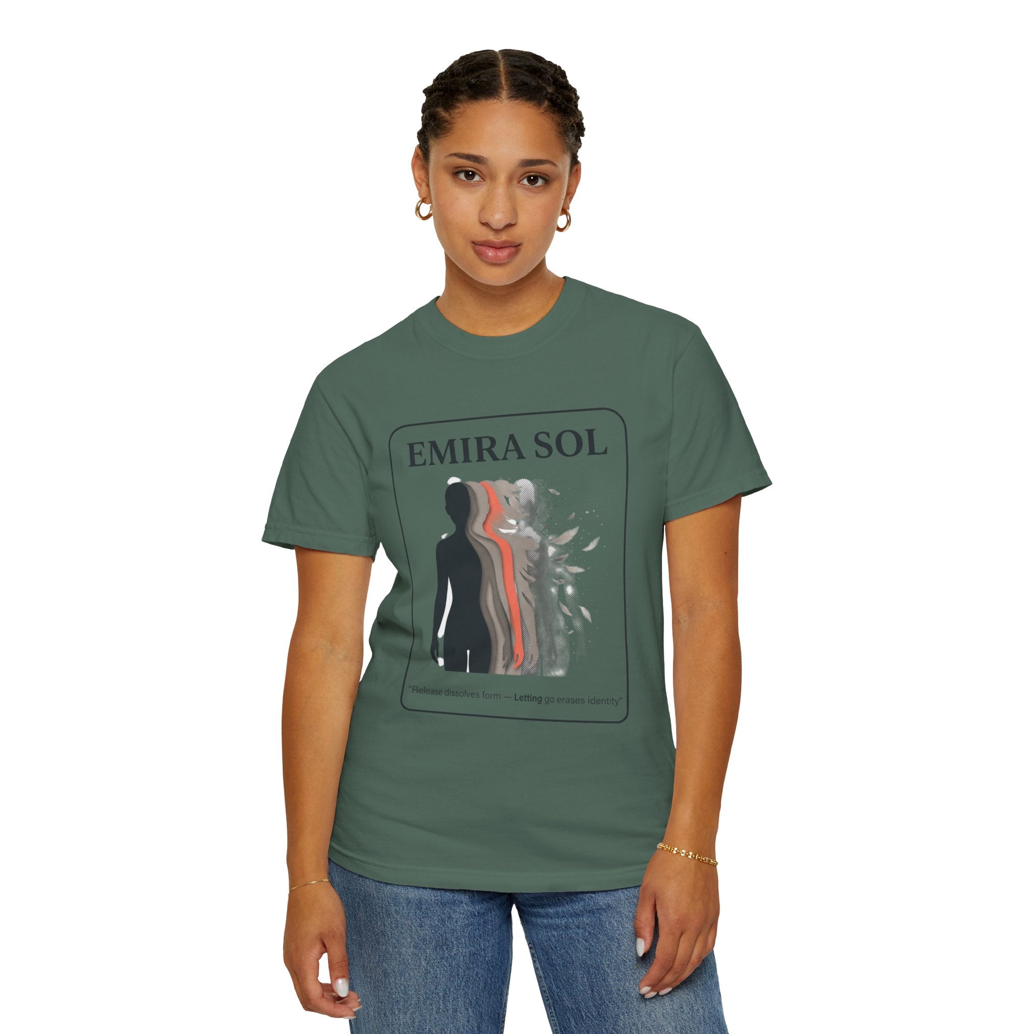 Power Runs Black PRB Emira Sol Graphic T-Shirt — Silhouette Art "Release Shadows" Tee by Printify