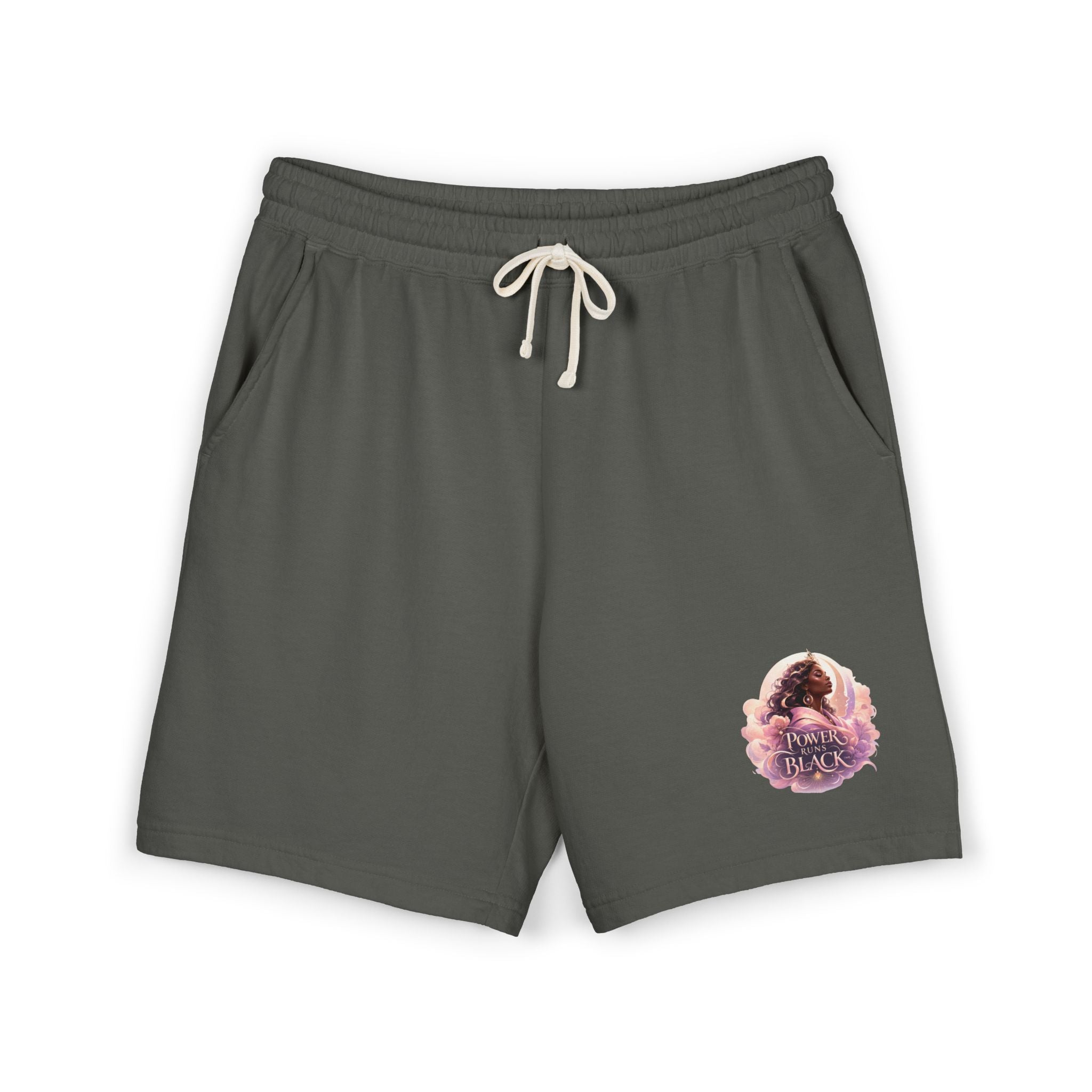 Power Runs Black Spirit Graphic Sweat Shorts — Cozy Lightweight Fleece Lounge Shorts by Printify