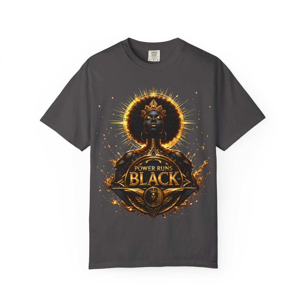 Power Runs Black goddess illustration T-Shirt | Afrocentric black pride design by Power Runs Black