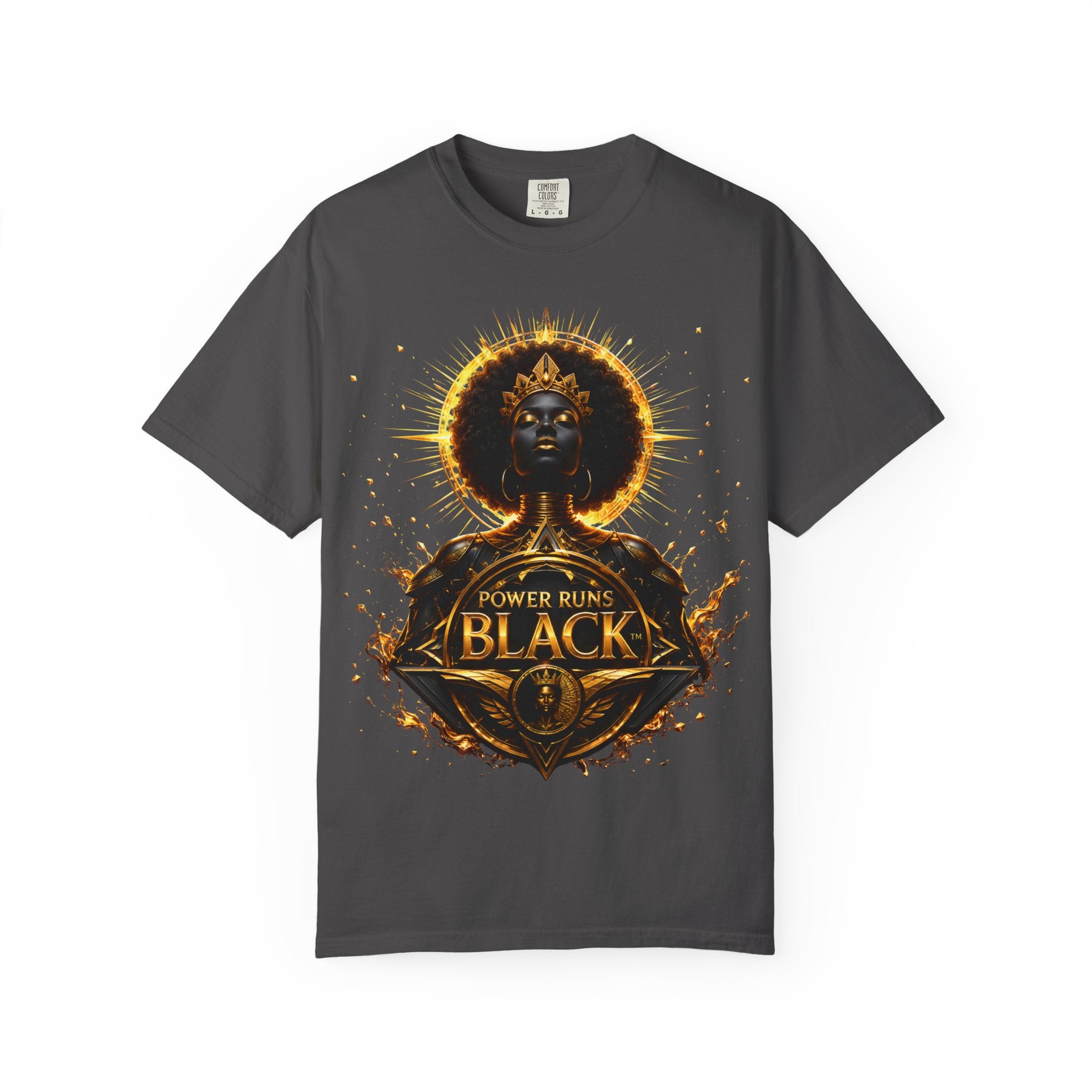 Power Runs Black goddess illustration T-Shirt | Afrocentric black pride design by Power Runs Black