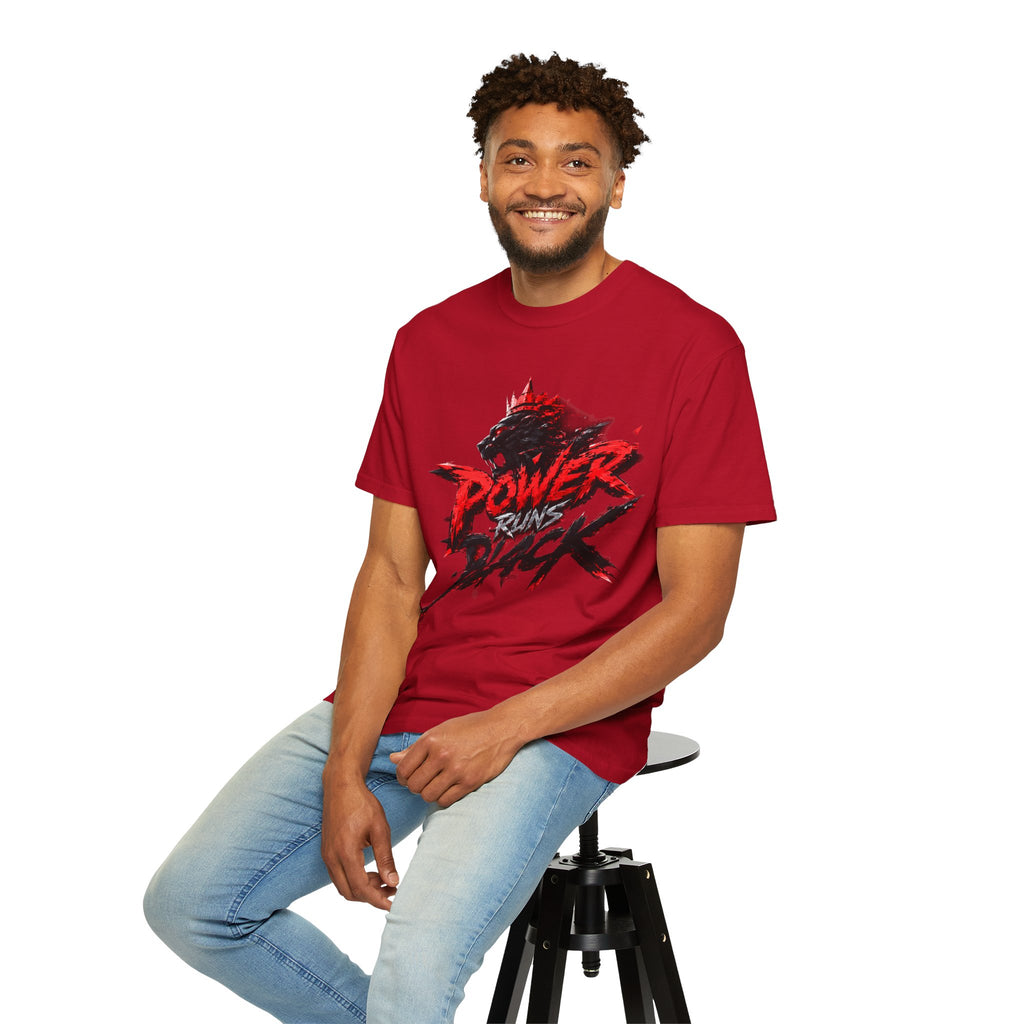 Power Runs Black T-shirt | Wolf Silhouette, Red Black Graphic Tee by Power Runs Black