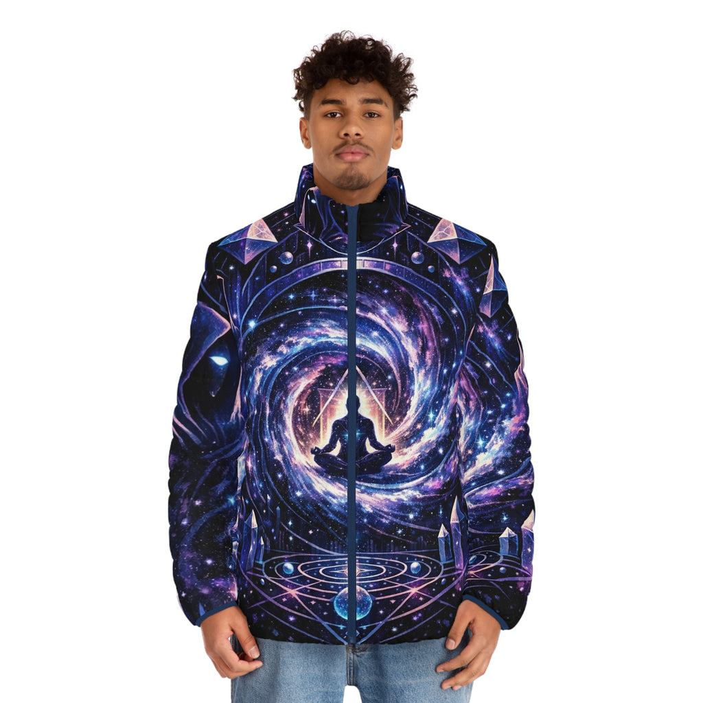 PRB Meditating Astral Galaxy Men's Puffer Jacket | Cosmic Yoga Spiral by Power Runs Black